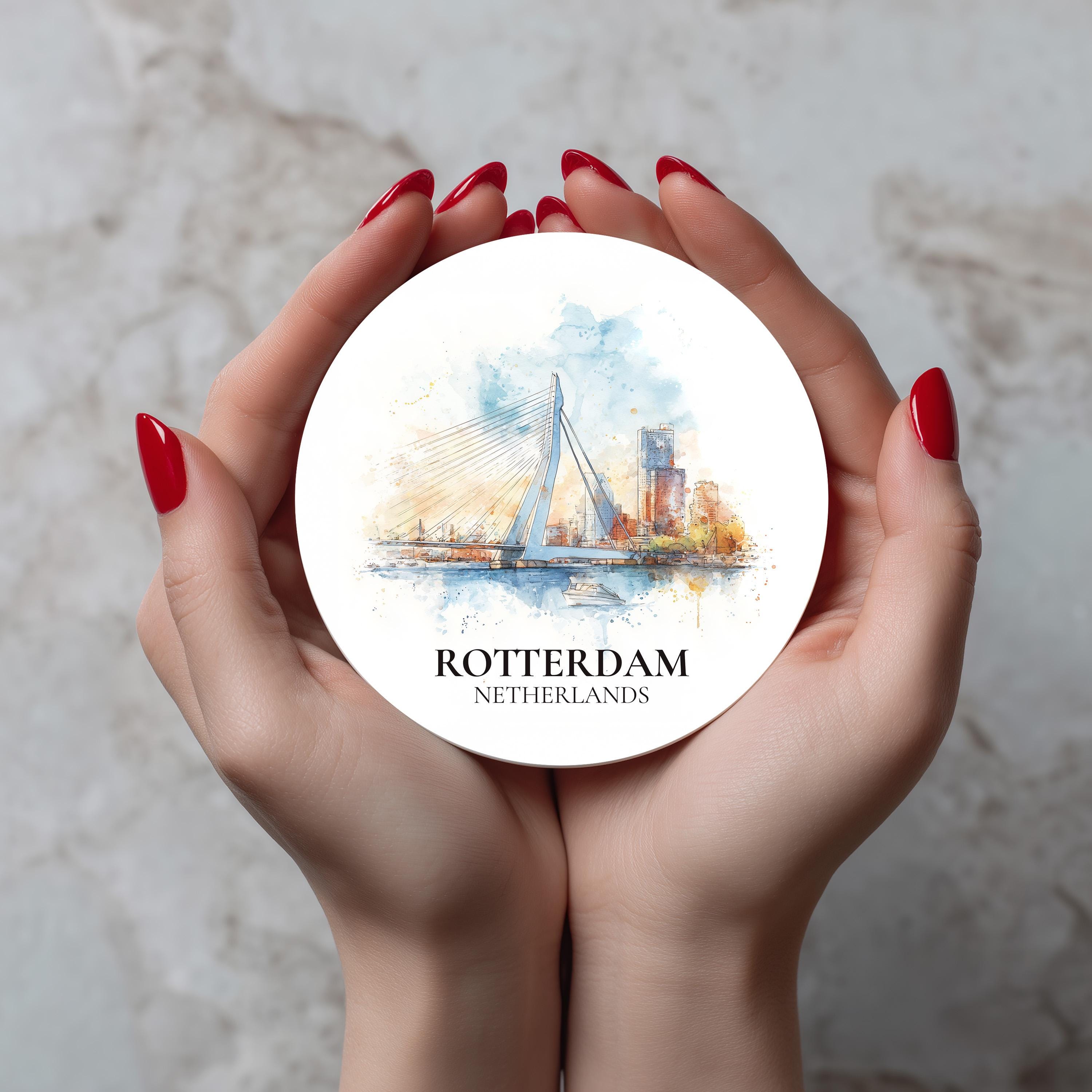 Rotterdam Netherlands Coaster, Watercolor Personalized Painting, Travel Gift Souvenir, Home Decor, Ceramic Set