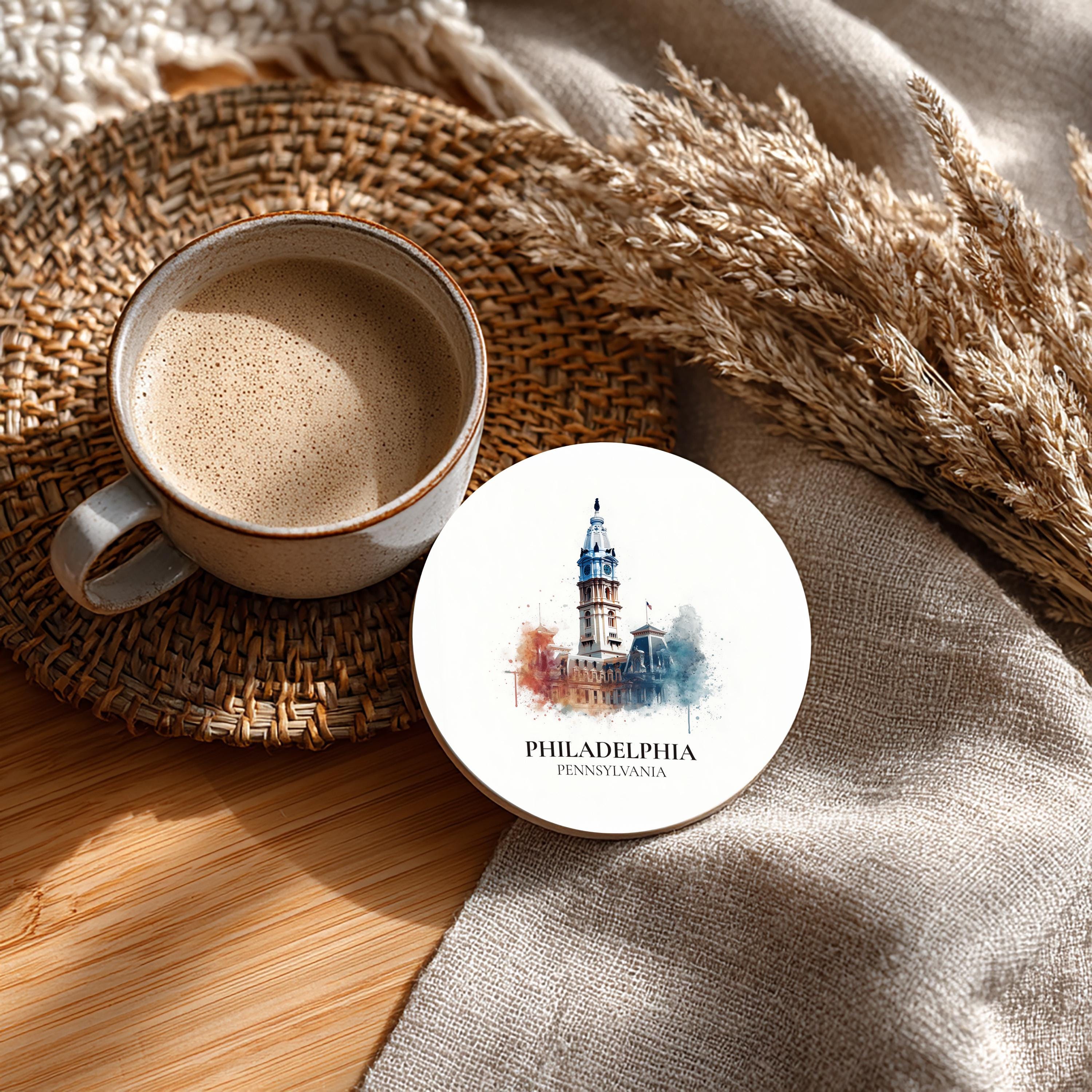 Philadelphia Pennsylvania Coaster, Watercolor Personalized Painting, Travel Gift Souvenir, Home Decor, Ceramic Set