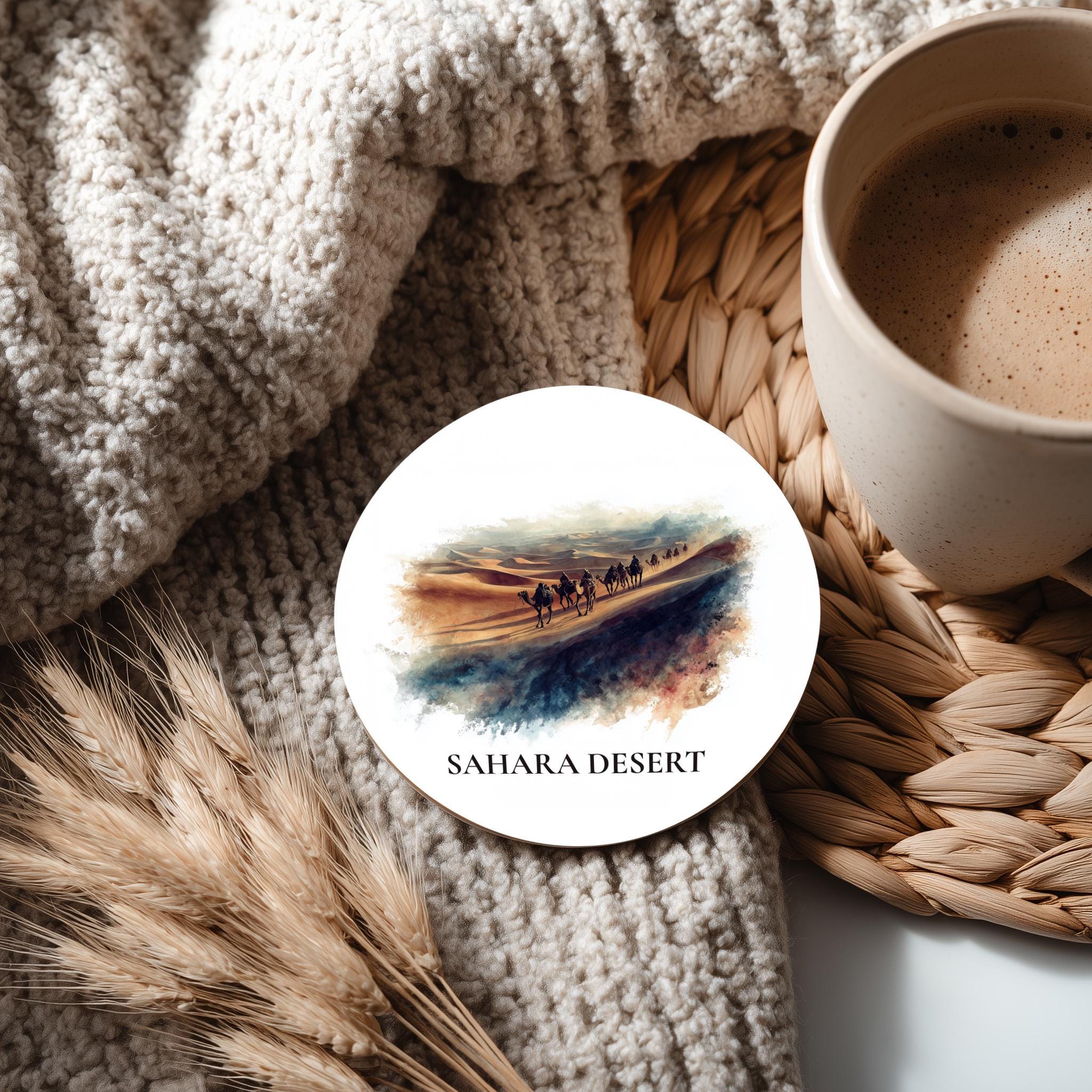 Sahara Desert Coaster, Watercolor Personalized Painting, Travel Gift Souvenir, Home Decor, Ceramic Set