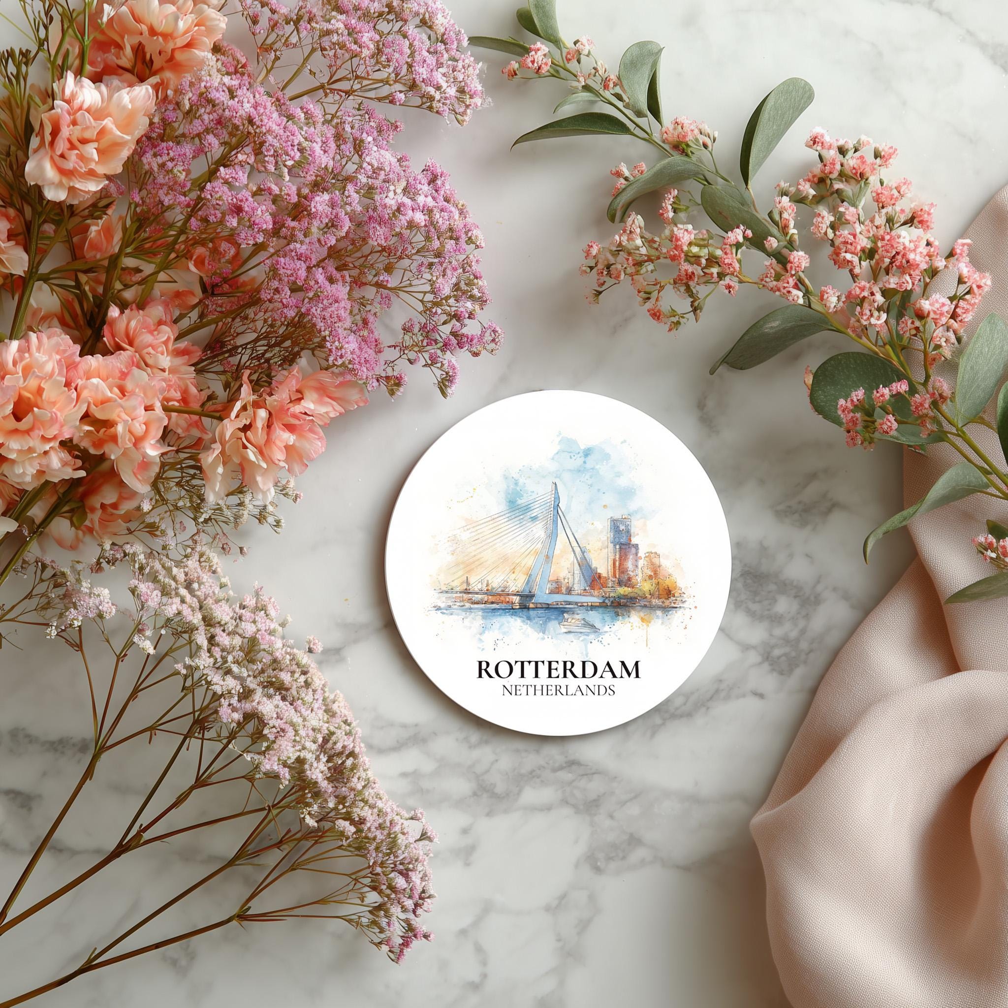 Rotterdam Netherlands Coaster, Watercolor Personalized Painting, Travel Gift Souvenir, Home Decor, Ceramic Set