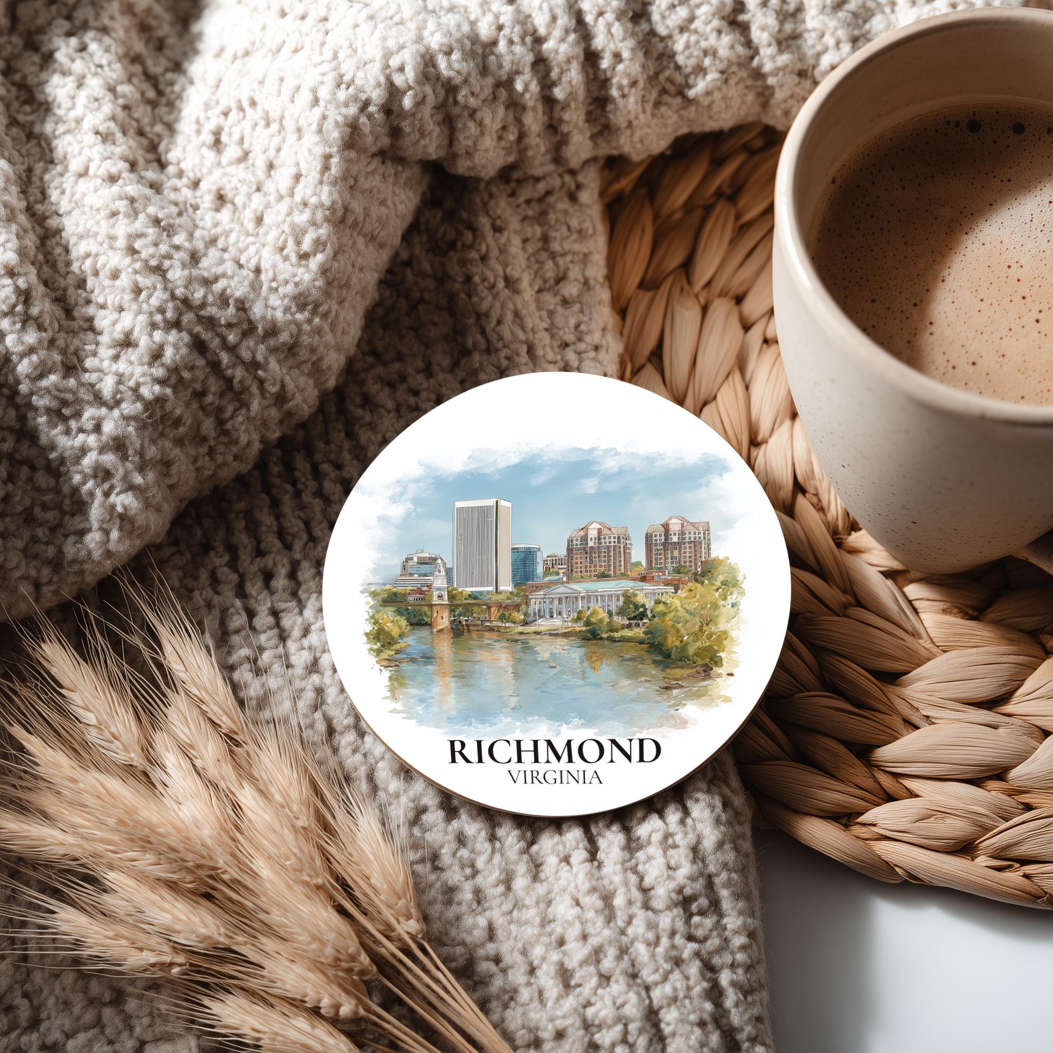 Richmond Virginia Coaster, Watercolor Personalized Painting, Travel Gift Souvenir, Home Decor, Ceramic Set