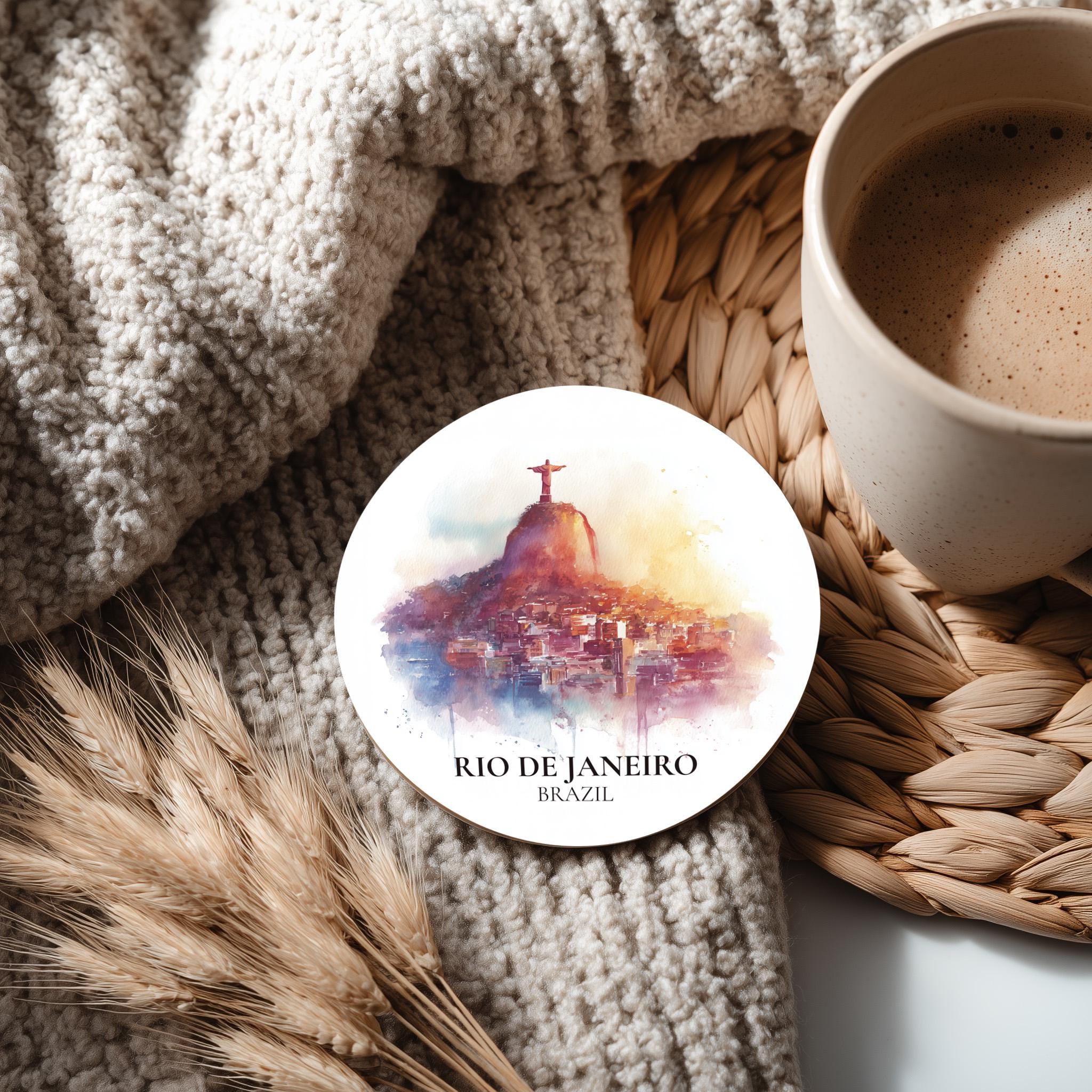 Rio Brazil Coaster, Watercolor Personalized Painting, Travel Gift Souvenir, Home Decor, Ceramic Set