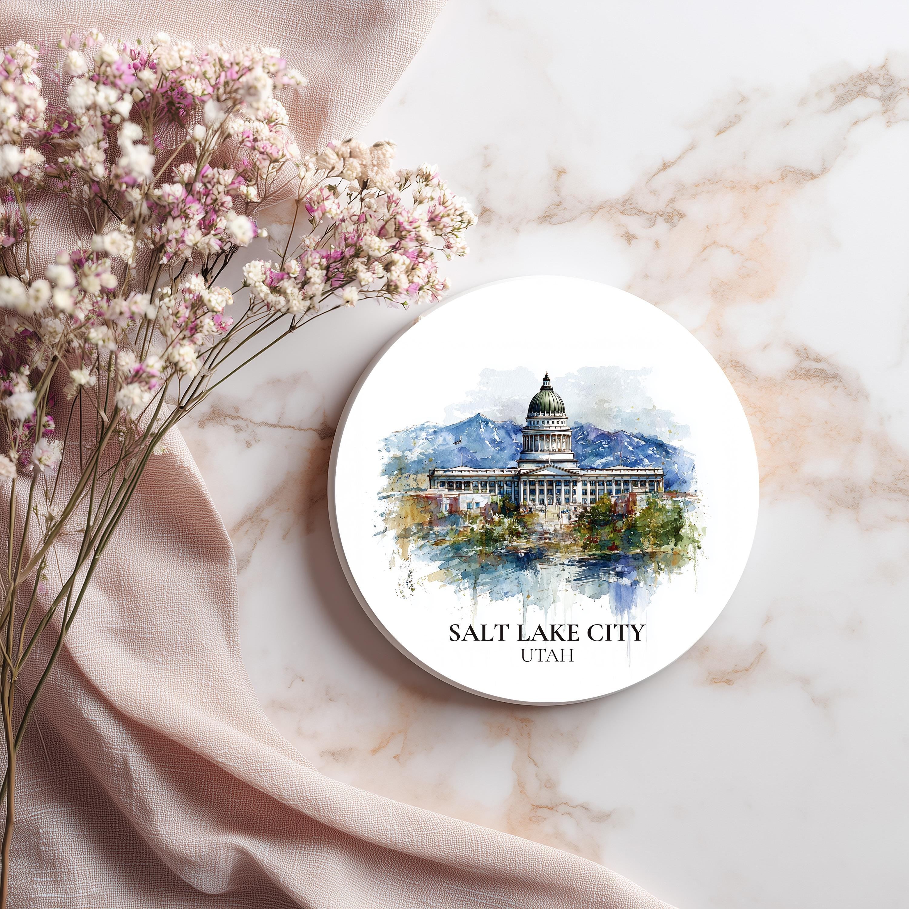 Salt Lake City Utah Coaster, Watercolor Personalized Painting, Travel Gift Souvenir, Home Decor, Ceramic Set