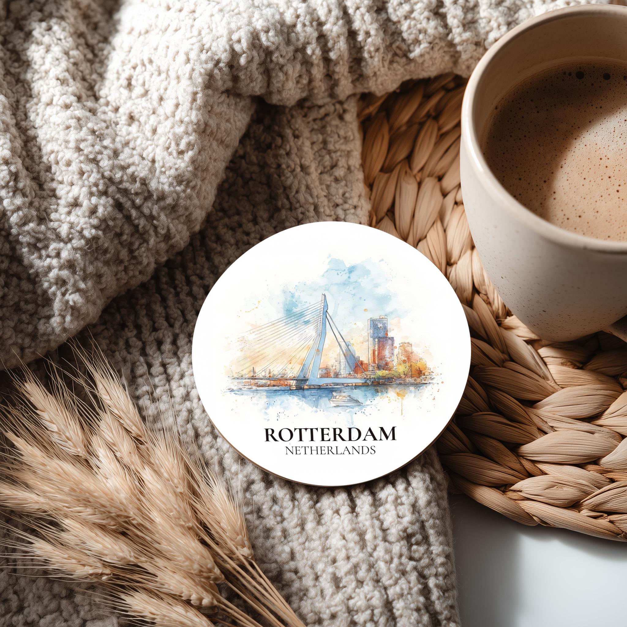 Rotterdam Netherlands Coaster, Watercolor Personalized Painting, Travel Gift Souvenir, Home Decor, Ceramic Set