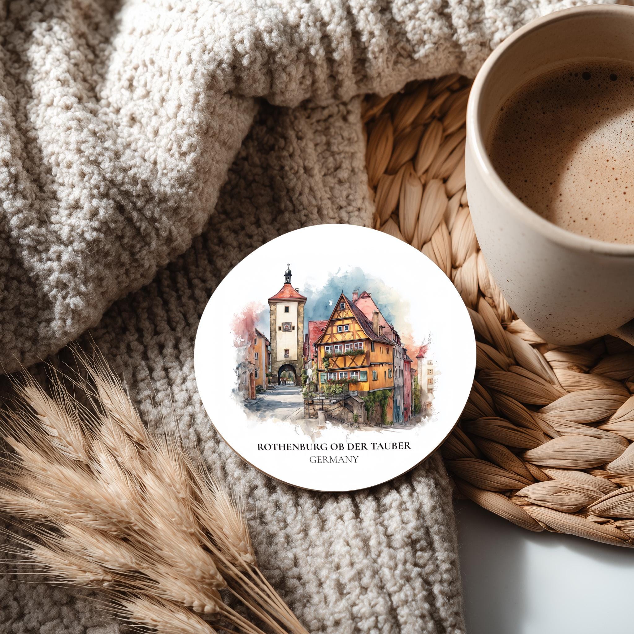 Rothenburg ob der Tauber Germany Coaster, Watercolor Personalized Painting, Travel Gift Souvenir, Home Decor, Ceramic Set