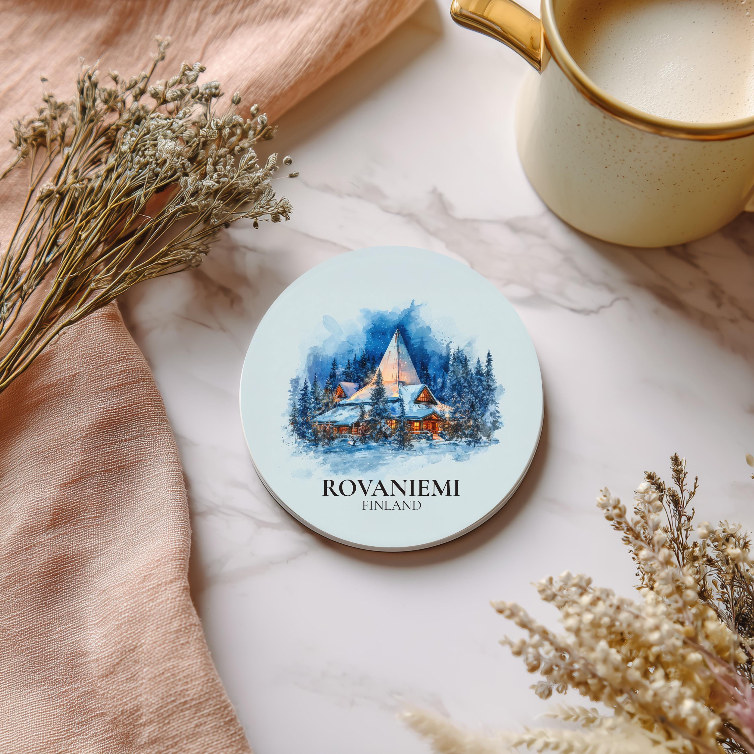 Rovaniemi Finland Coaster, Watercolor Personalized Painting, Travel Gift Souvenir, Home Decor, Ceramic Set