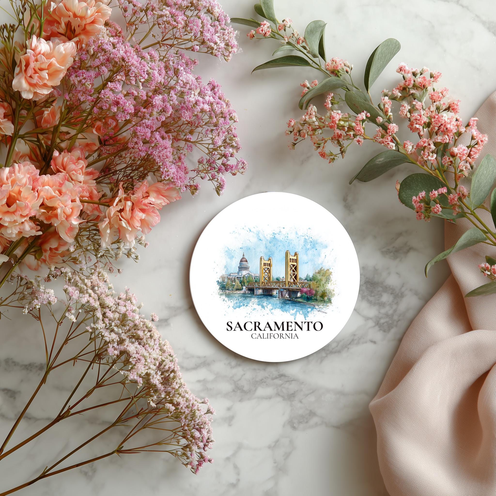 Sacramento California Coaster, Watercolor Personalized Painting, Travel Gift Souvenir, Home Decor, Ceramic Set
