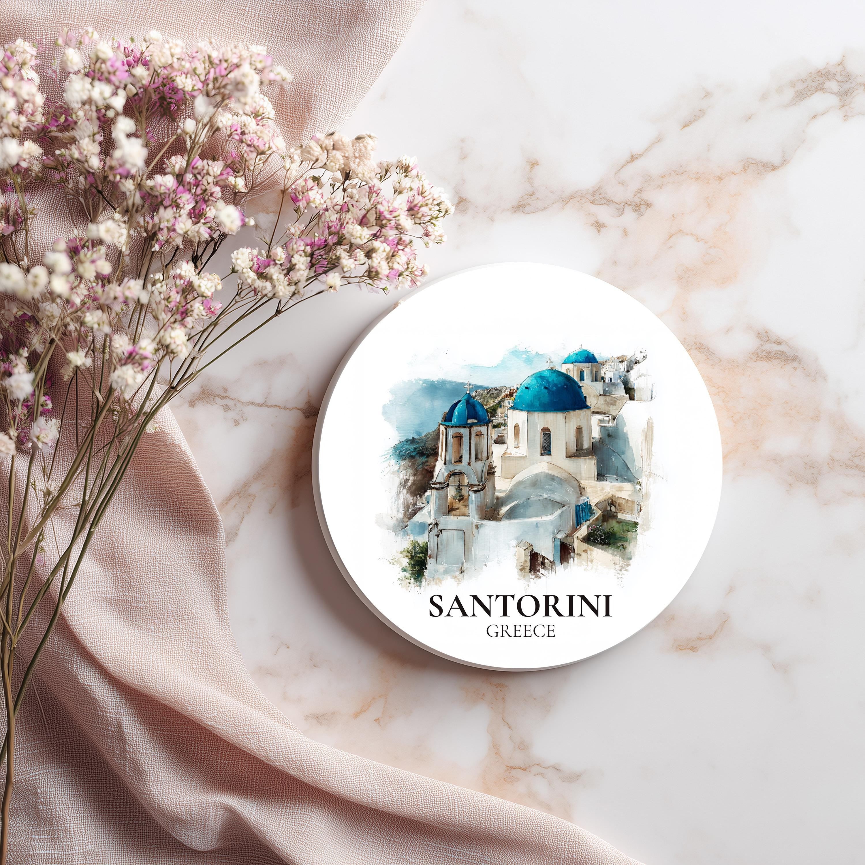 Santorini Greece2 Coaster, Watercolor Personalized Painting, Travel Gift Souvenir, Home Decor, Ceramic Set