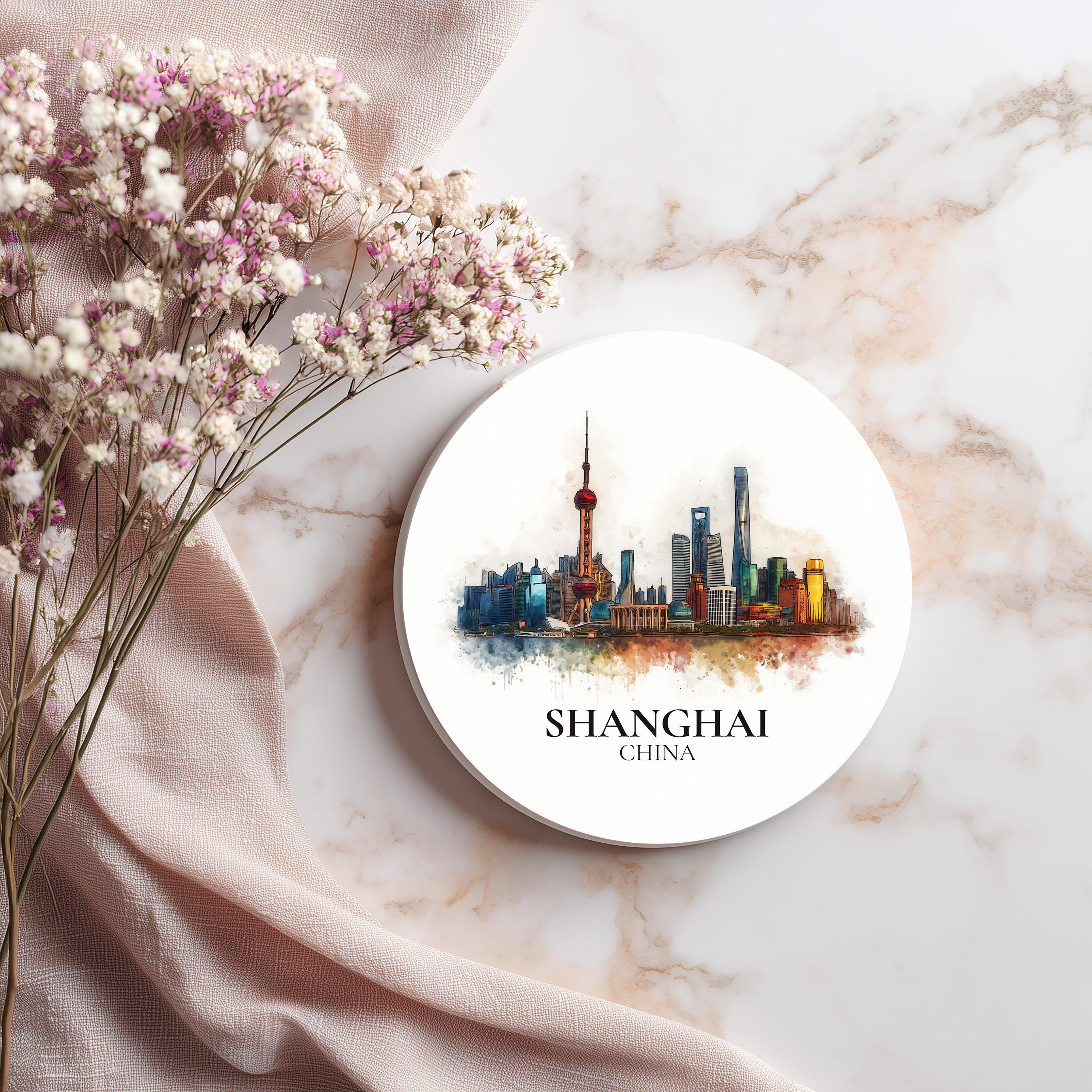 Shanghai China Coaster, Watercolor Personalized Painting, Travel Gift Souvenir, Home Decor, Ceramic Set