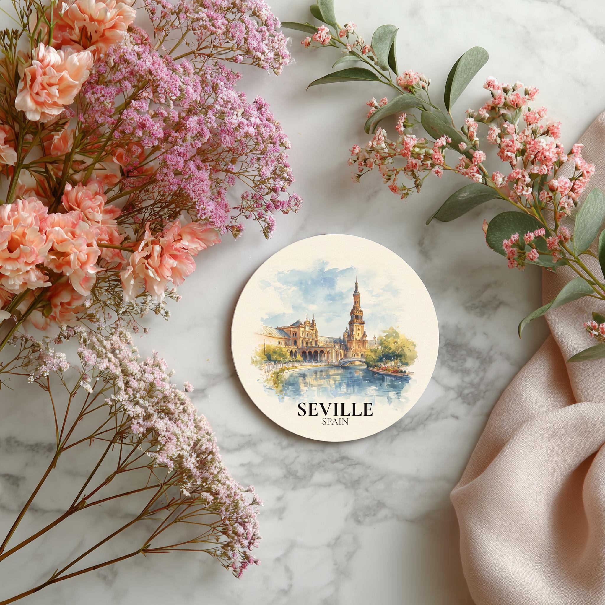 Seville Spain2 Coaster, Watercolor Personalized Painting, Travel Gift Souvenir, Home Decor, Ceramic Set