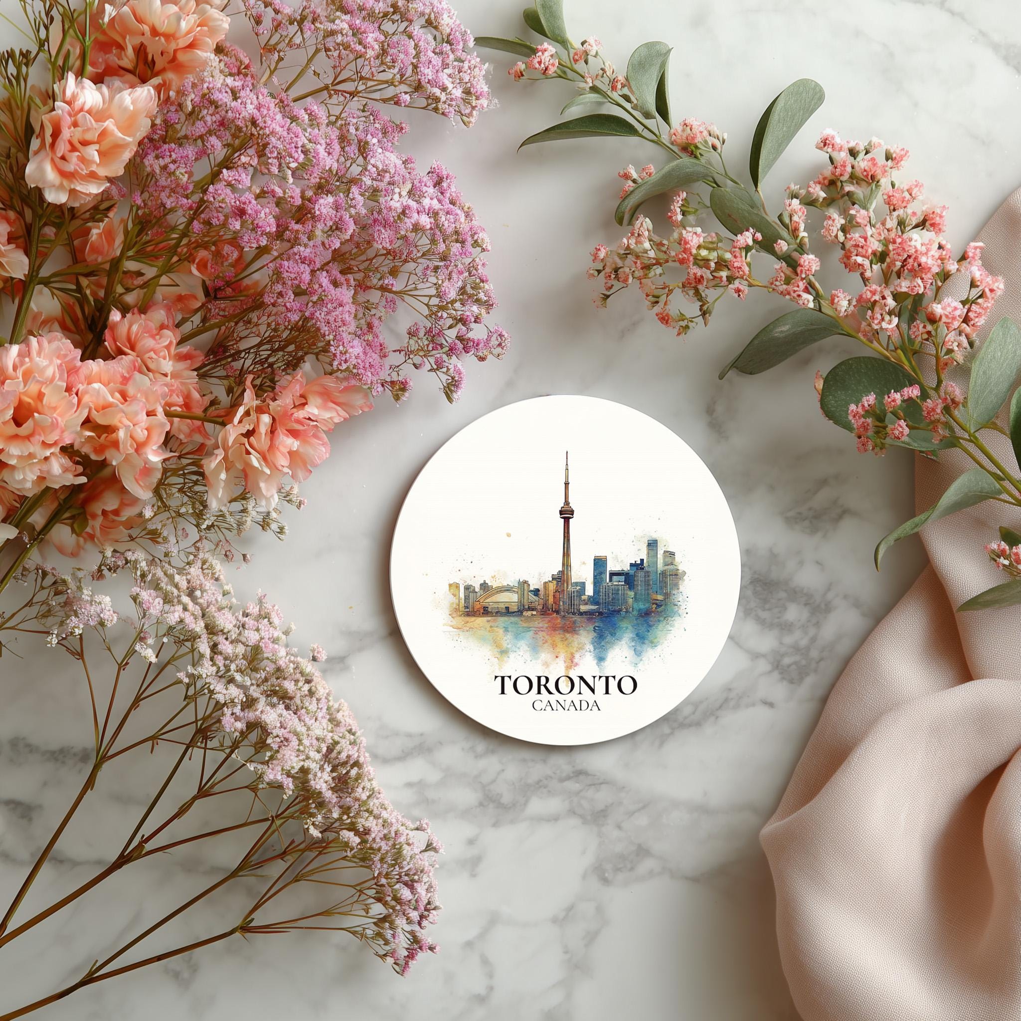 Toronto Canada Coaster, Watercolor Personalized Painting, Travel Gift Souvenir, Home Decor, Ceramic Set