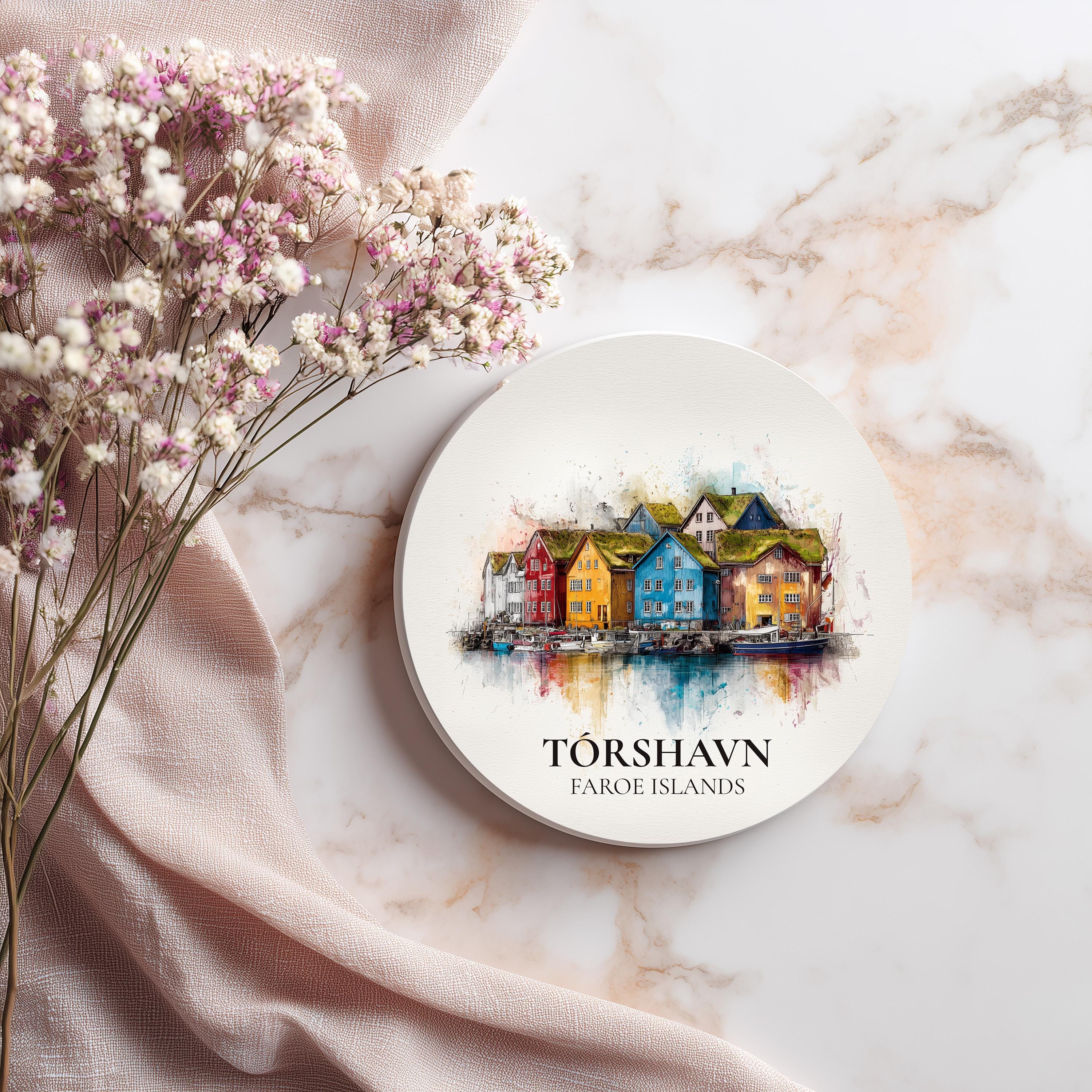 Torshavn Faroe Islands Coaster, Watercolor Personalized Painting, Travel Gift Souvenir, Home Decor, Ceramic Set