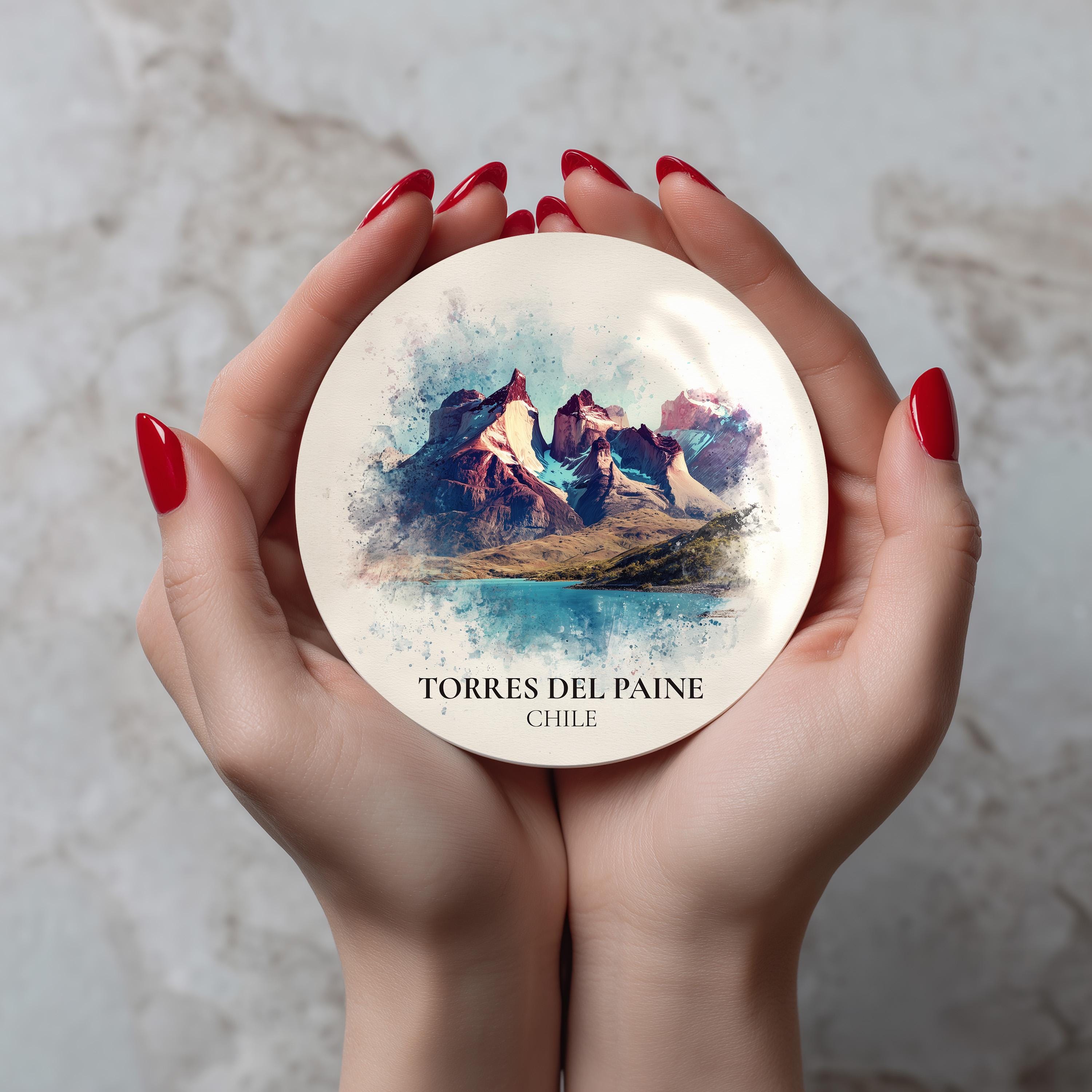 Torres del Paine Chile Coaster, Watercolor Personalized Painting, Travel Gift Souvenir, Home Decor, Ceramic Set