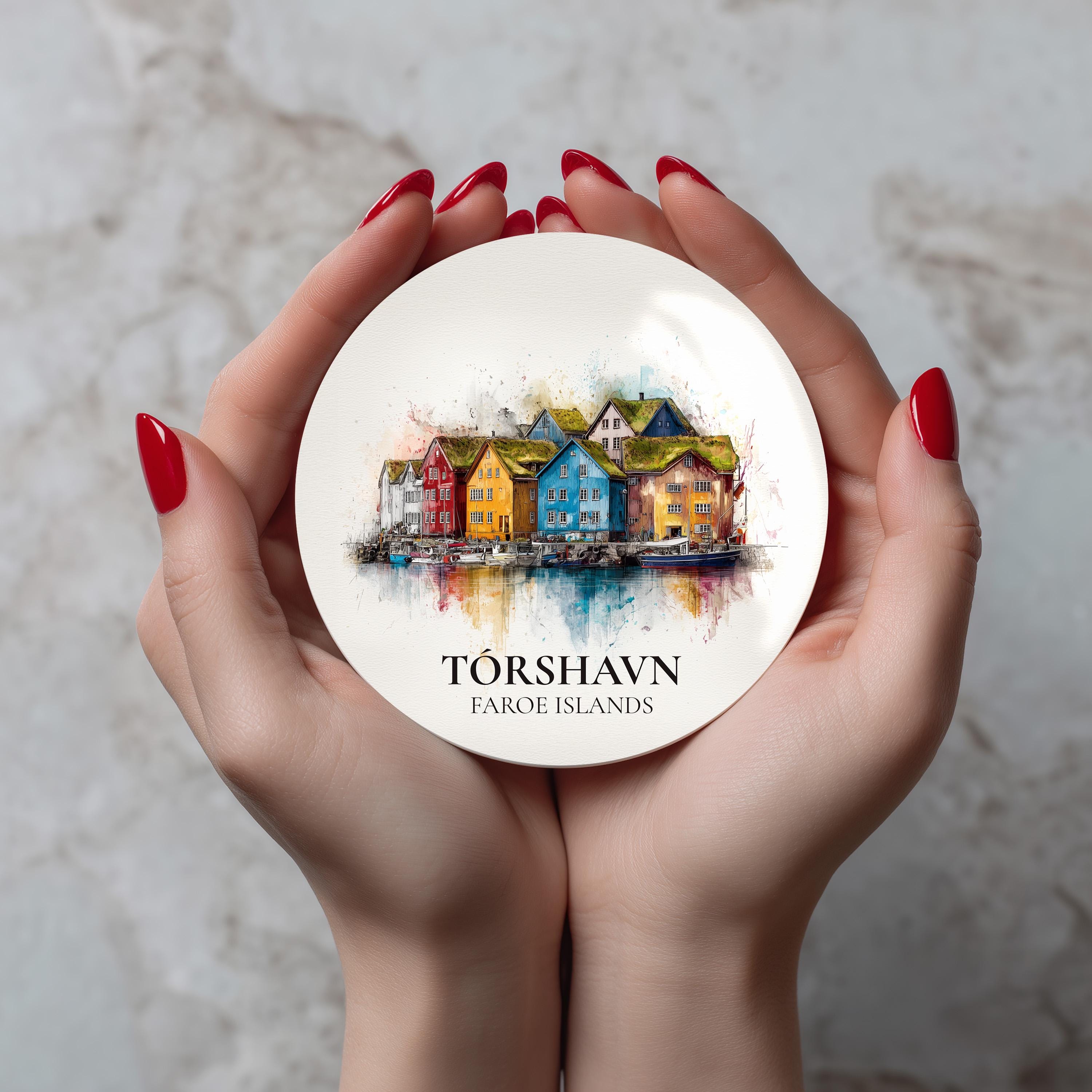 Torshavn Faroe Islands Coaster, Watercolor Personalized Painting, Travel Gift Souvenir, Home Decor, Ceramic Set