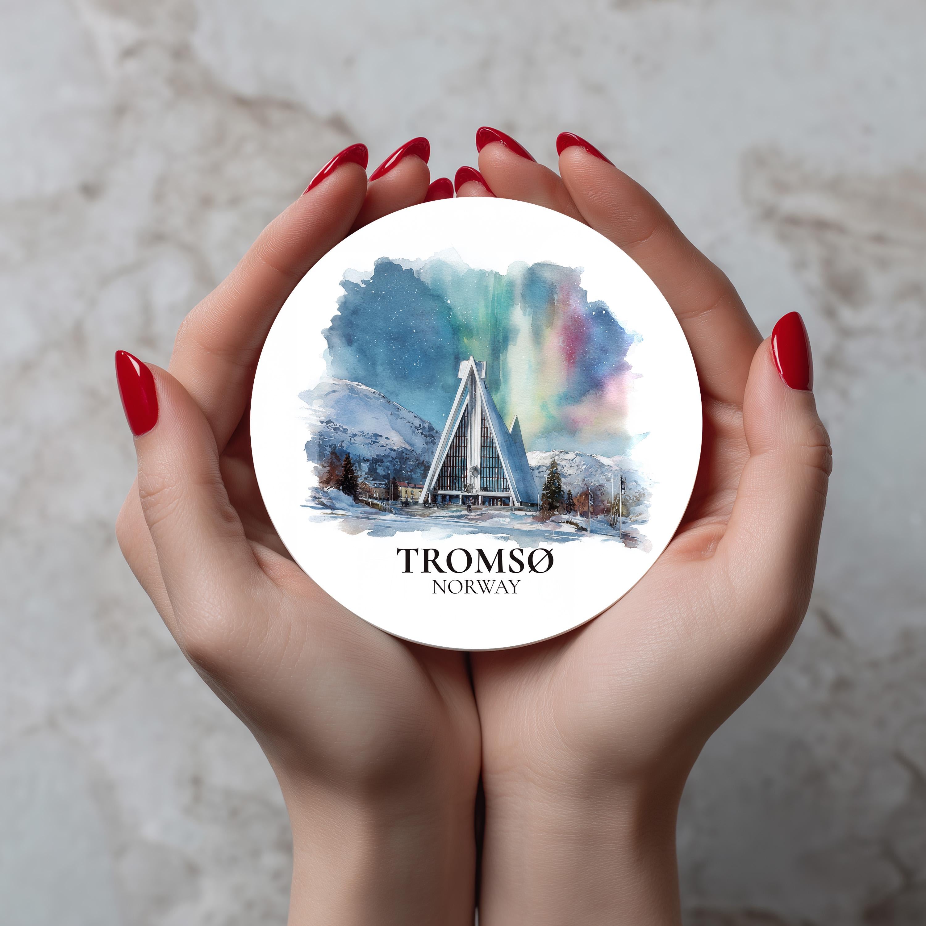 Tromso Norway2 Coaster, Watercolor Personalized Painting, Travel Gift Souvenir, Home Decor, Ceramic Set