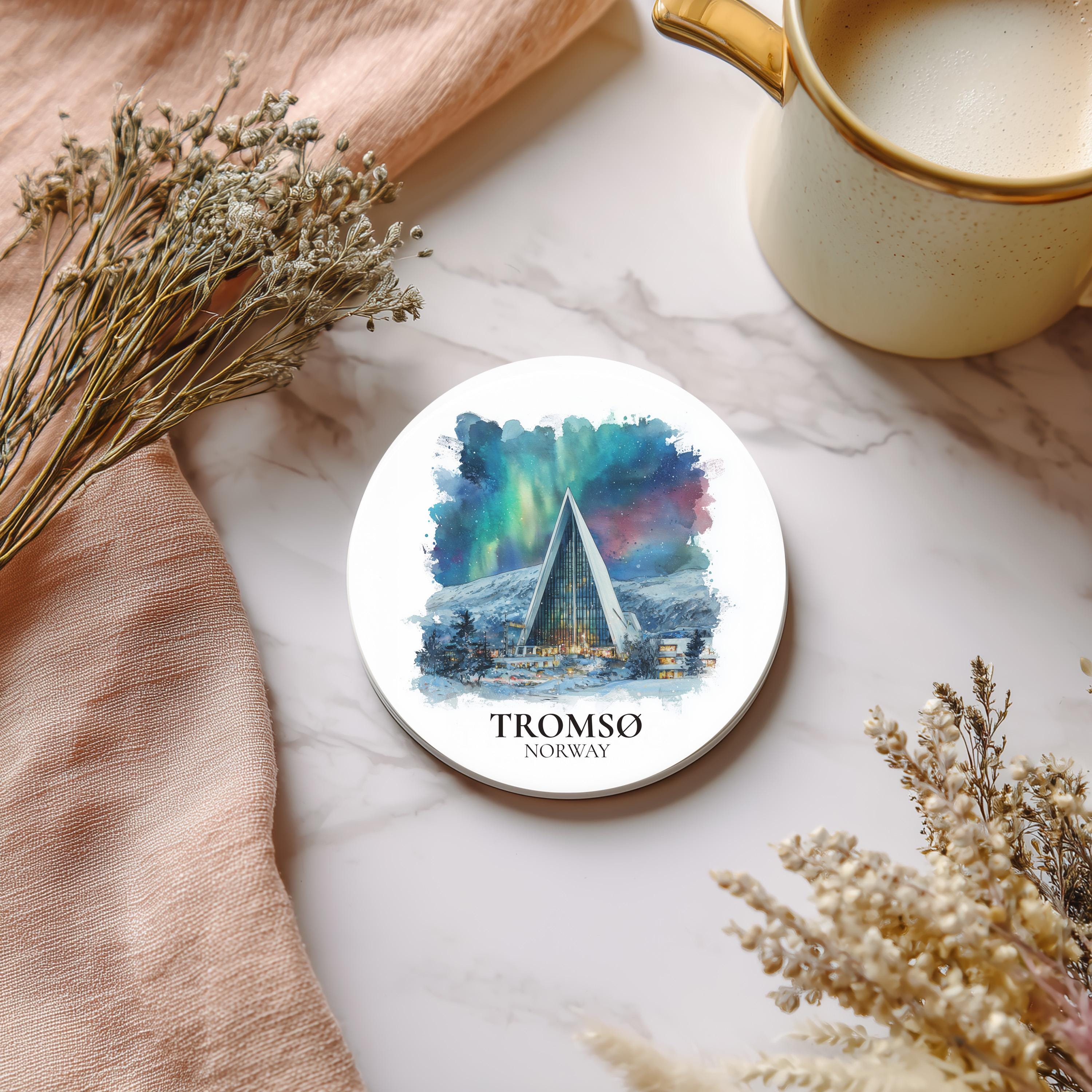 Tromso Norway Coaster, Watercolor Personalized Painting, Travel Gift Souvenir, Home Decor, Ceramic Set