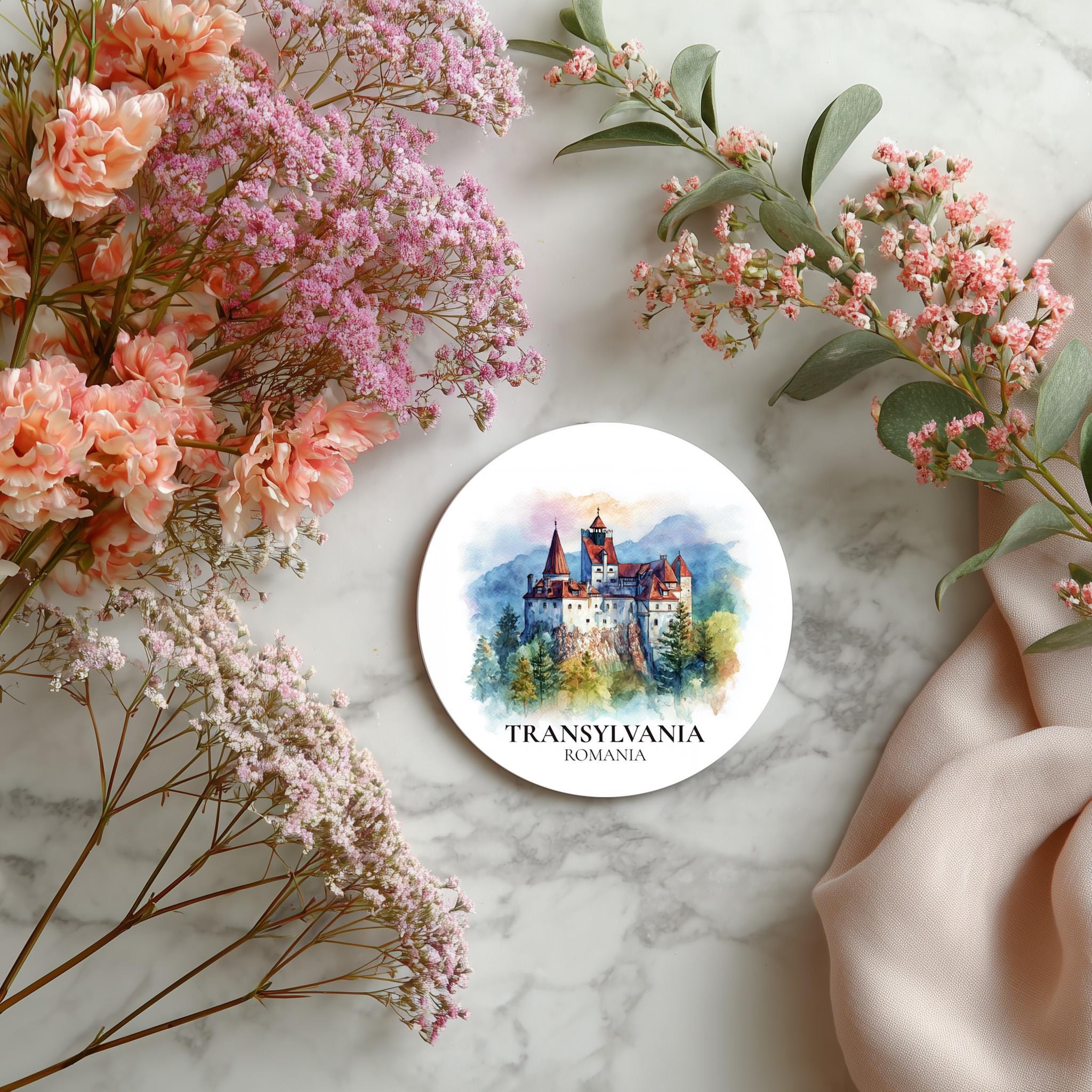 Transylvania Romania Coaster, Watercolor Personalized Painting, Travel Gift Souvenir, Home Decor, Ceramic Set