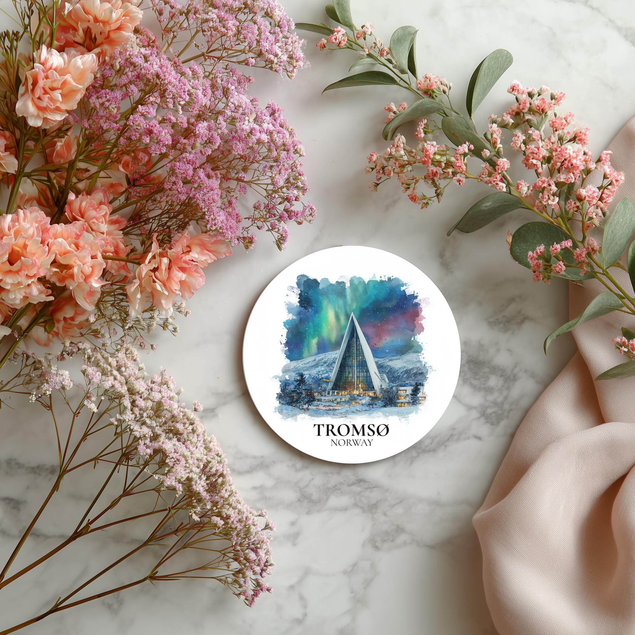 Tromso Norway Coaster, Watercolor Personalized Painting, Travel Gift Souvenir, Home Decor, Ceramic Set