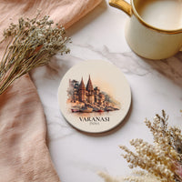 Varanasi India Coaster, Watercolor Personalized Painting, Travel Gift Souvenir, Home Decor, Ceramic Set