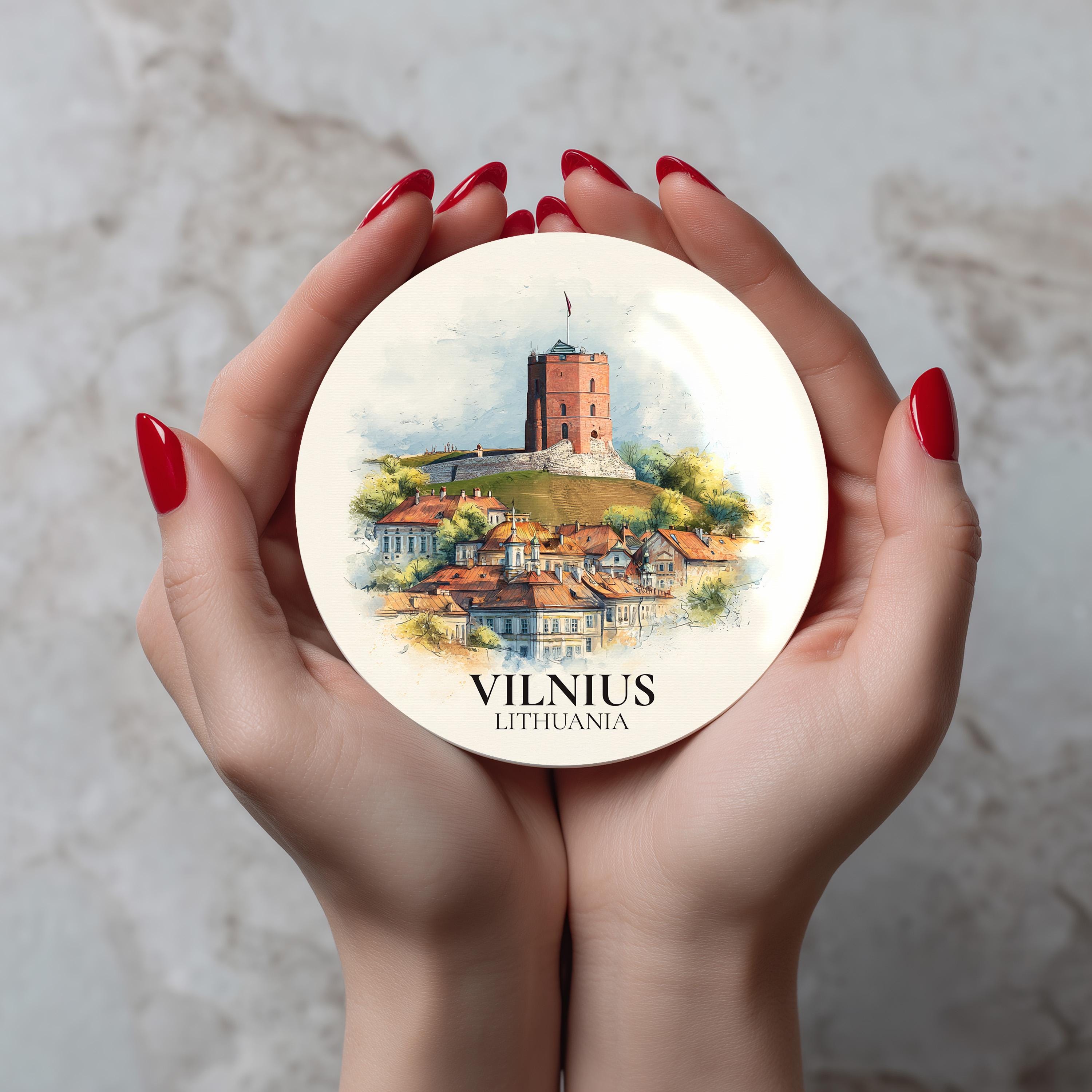 Vilnius Lithuania Coaster, Watercolor Personalized Painting, Travel Gift Souvenir, Home Decor, Ceramic Set