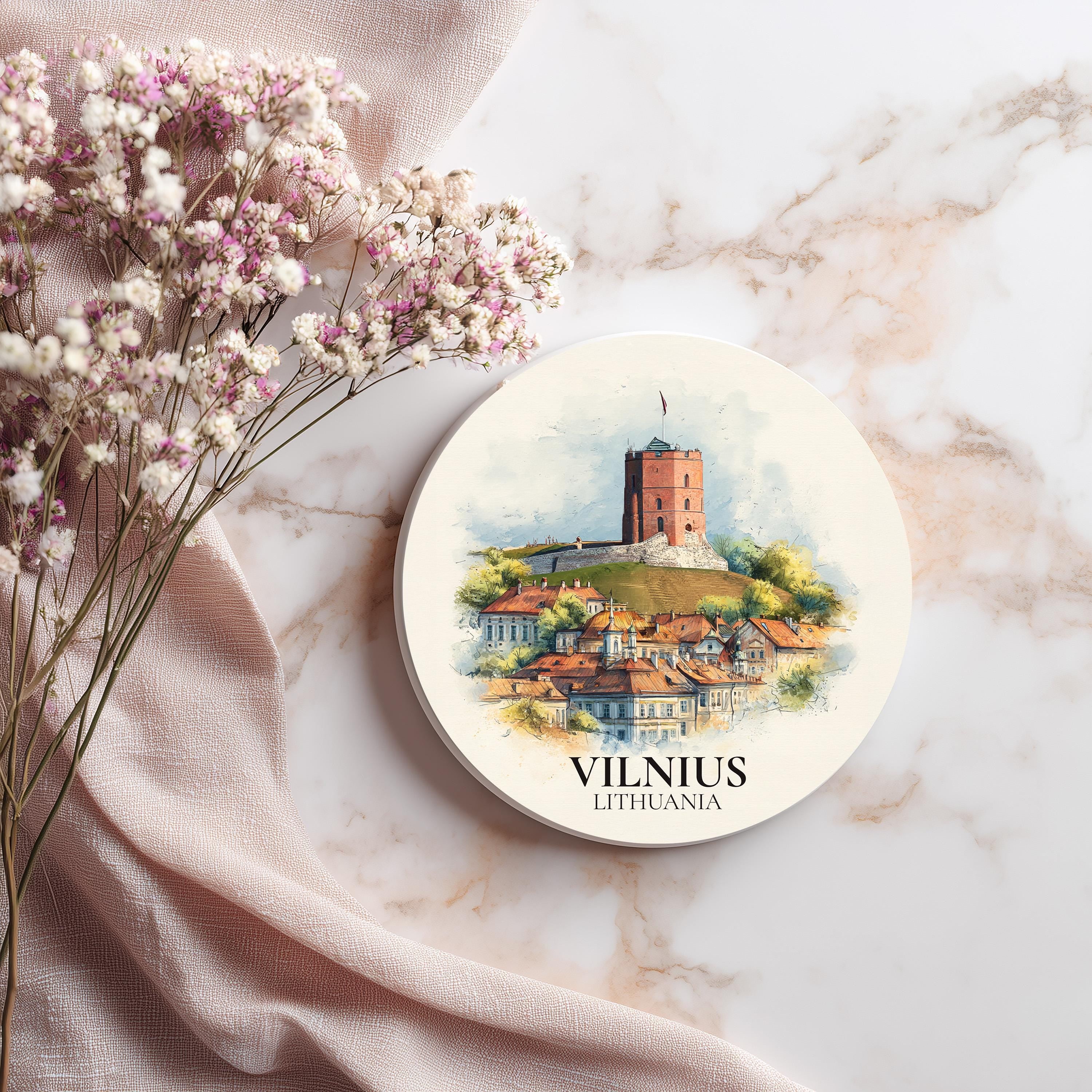 Vilnius Lithuania Coaster, Watercolor Personalized Painting, Travel Gift Souvenir, Home Decor, Ceramic Set