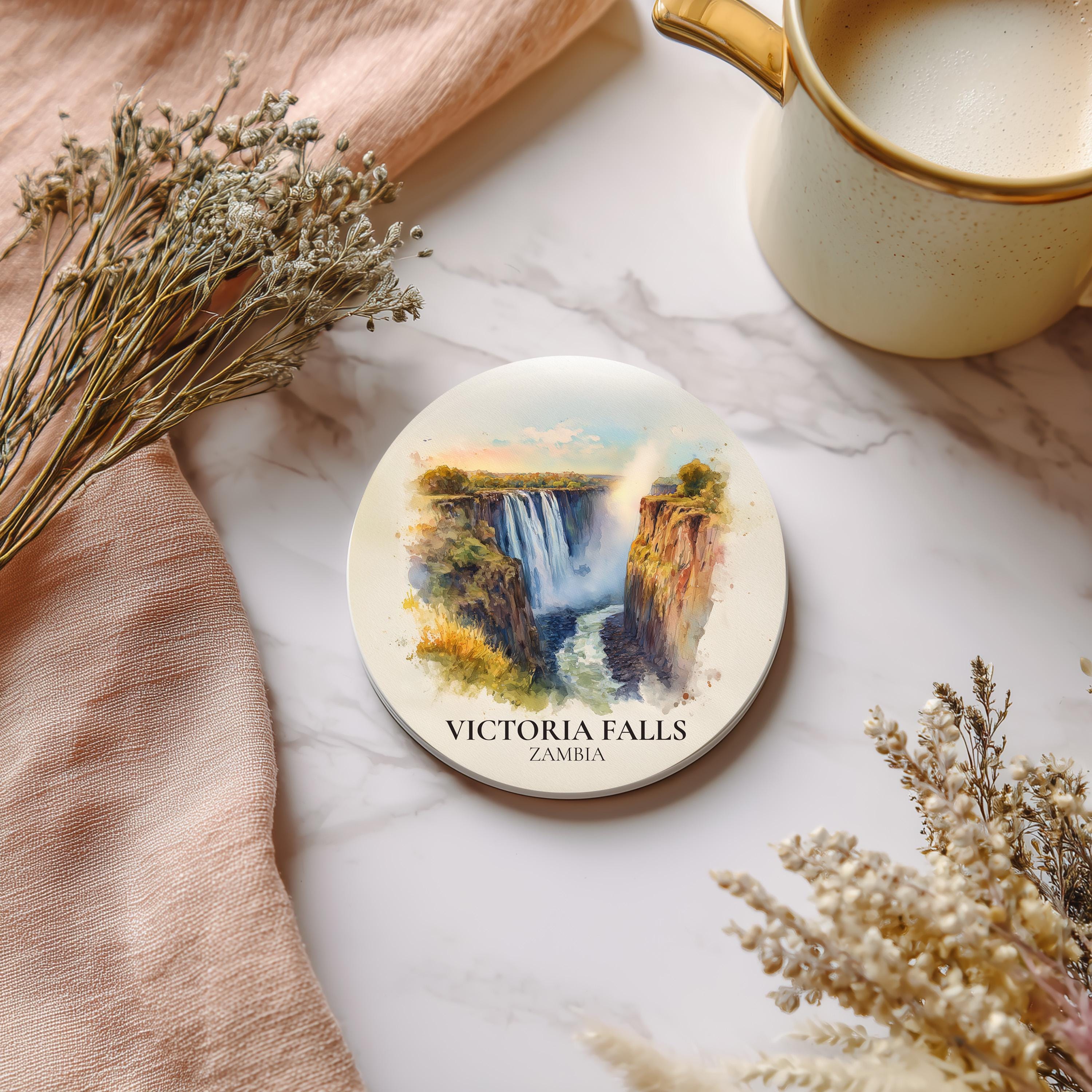 Victoria Falls Zambia Coaster, Watercolor Personalized Painting, Travel Gift Souvenir, Home Decor, Ceramic Set