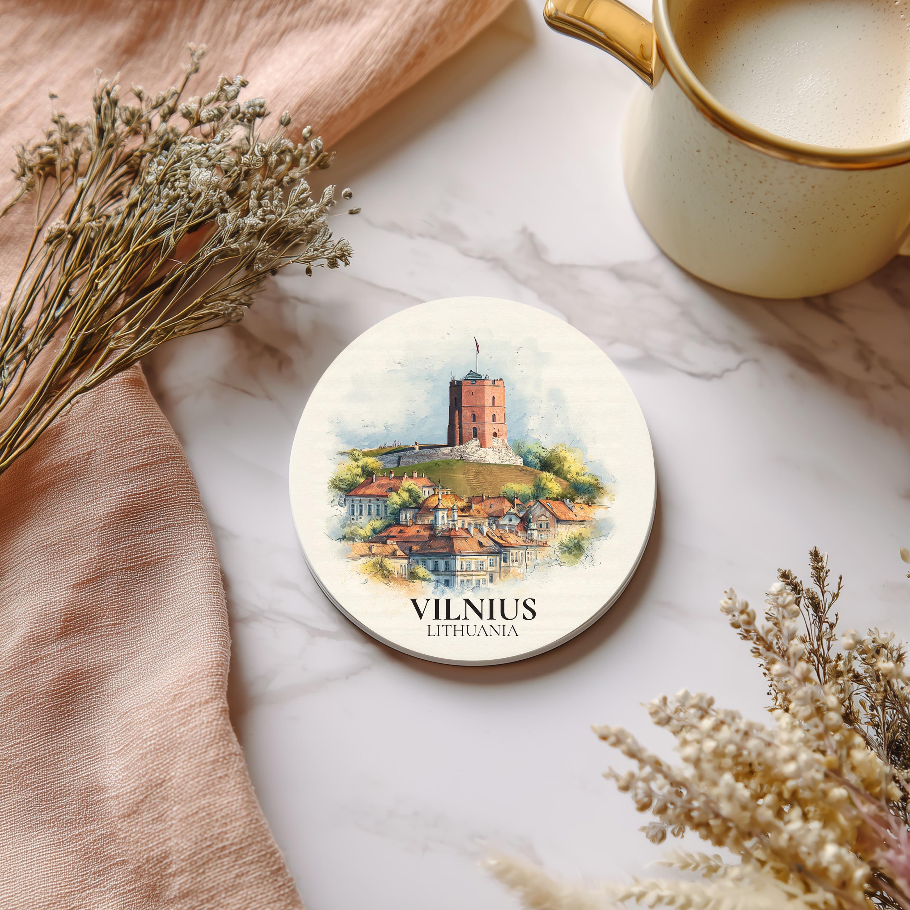 Vilnius Lithuania Coaster, Watercolor Personalized Painting, Travel Gift Souvenir, Home Decor, Ceramic Set