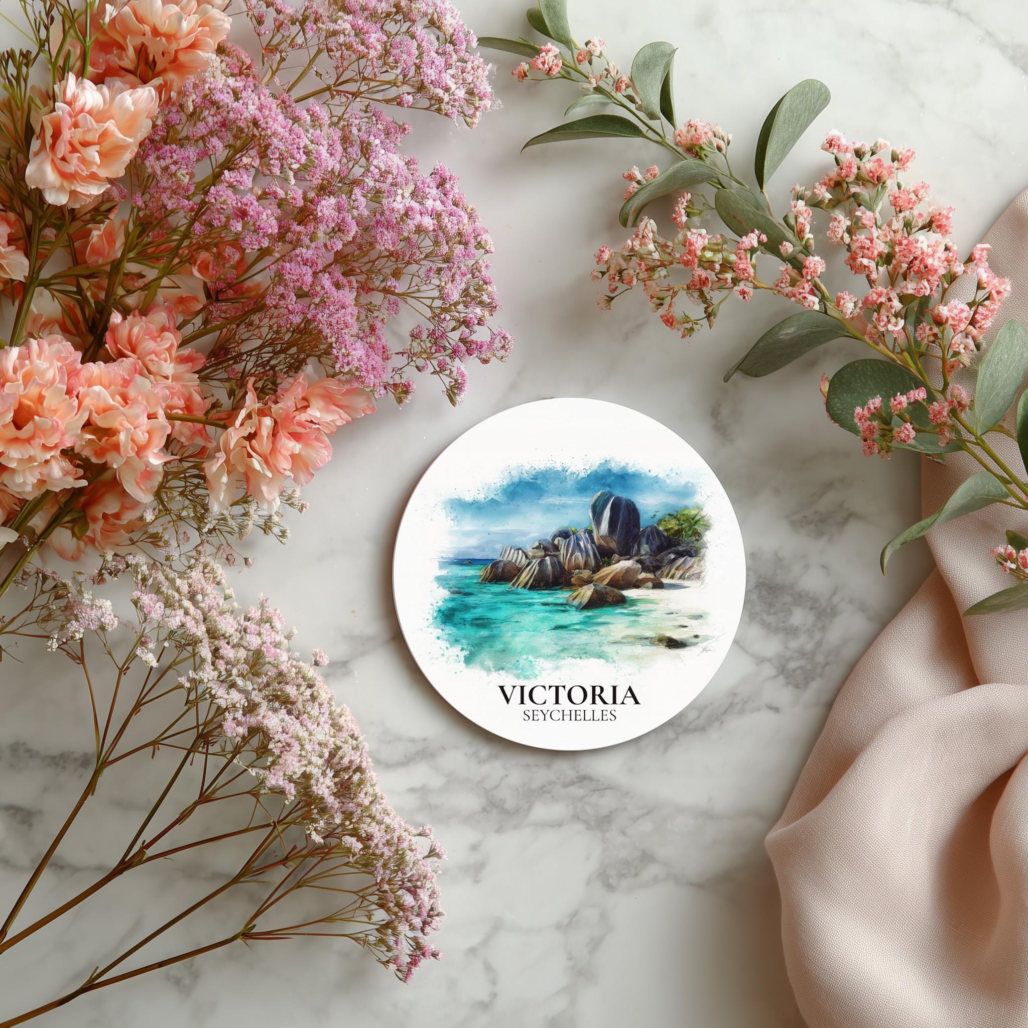 Victoria Seychelles Coaster, Watercolor Personalized Painting, Travel Gift Souvenir, Home Decor, Ceramic Set