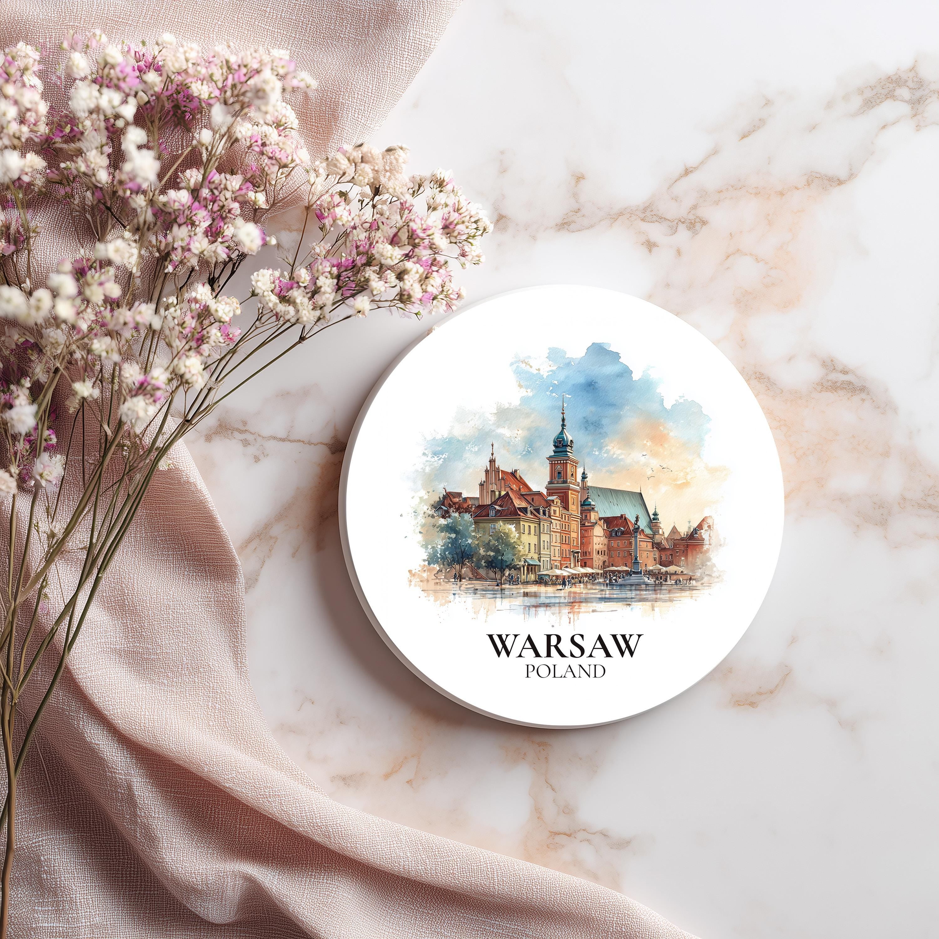 Warsaw Poland Coaster, Watercolor Personalized Painting, Travel Gift Souvenir, Home Decor, Ceramic Set