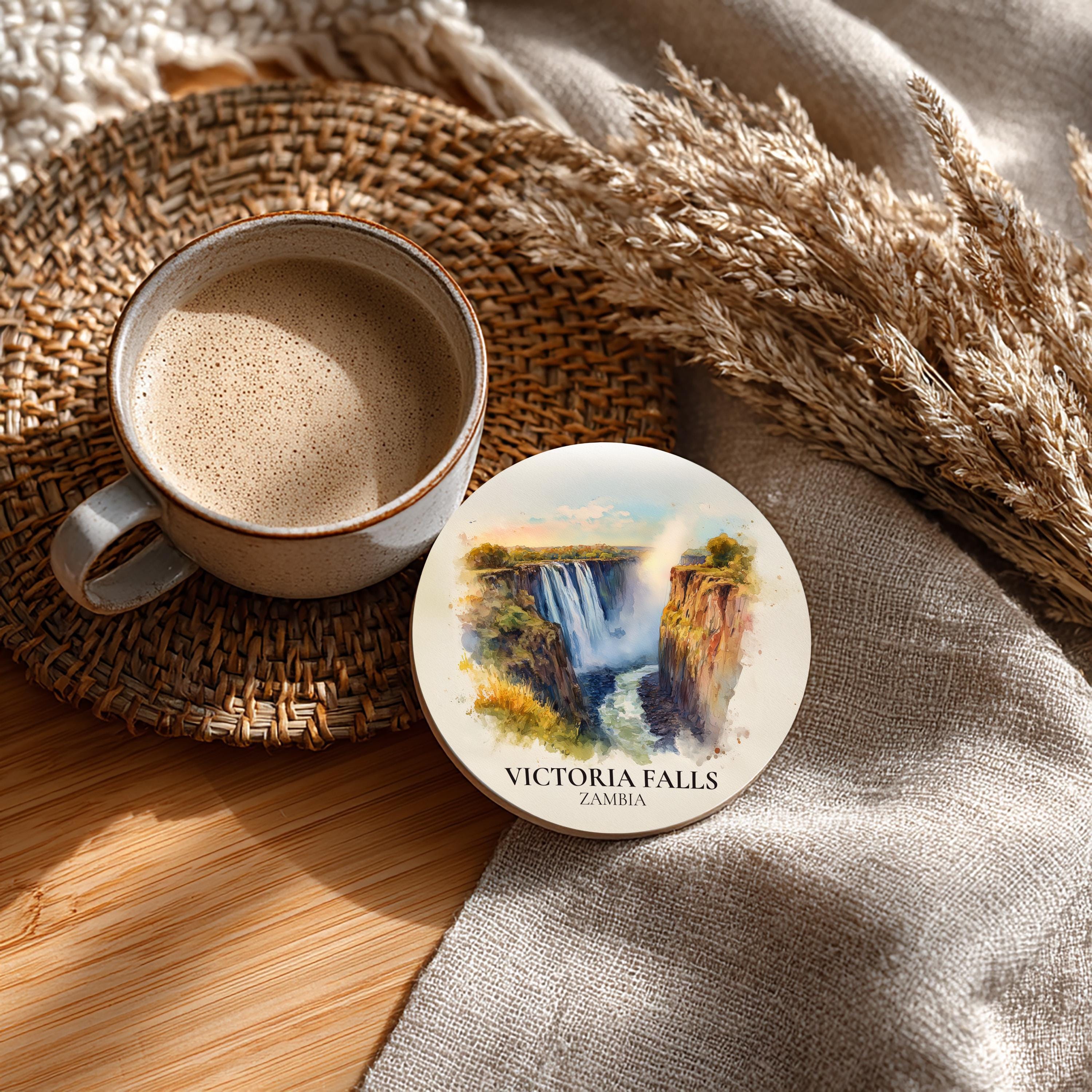 Victoria Falls Zambia Coaster, Watercolor Personalized Painting, Travel Gift Souvenir, Home Decor, Ceramic Set