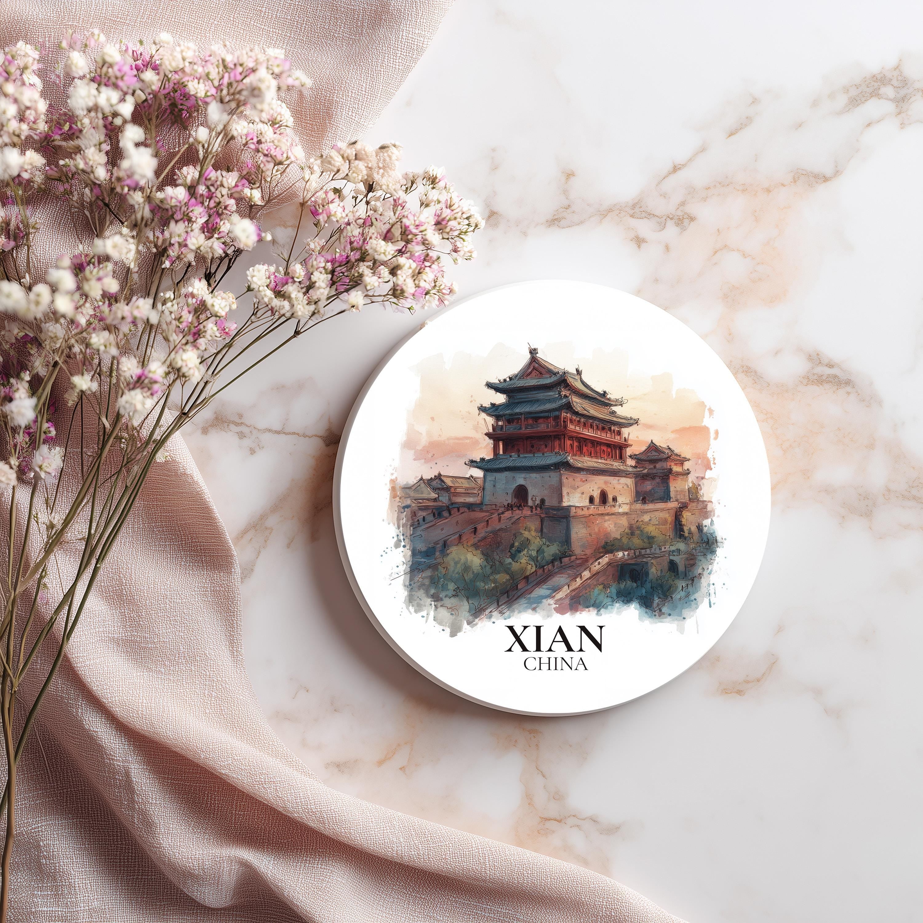 Xian China Coaster, Watercolor Personalized Painting, Travel Gift Souvenir, Home Decor, Ceramic Set
