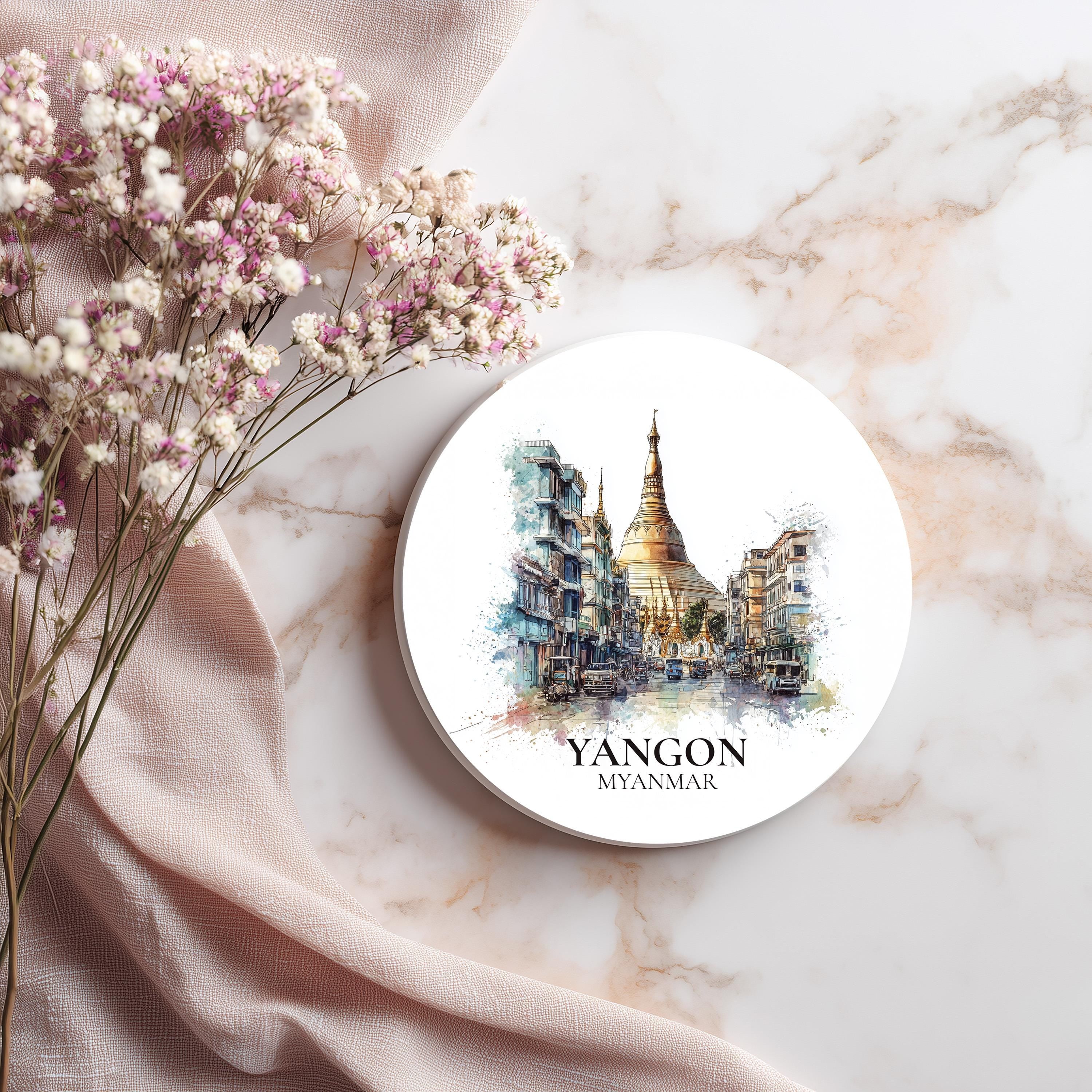 Yangon Myanmar Coaster, Watercolor Personalized Painting, Travel Gift Souvenir, Home Decor, Ceramic Set