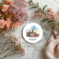 Warsaw Poland Coaster, Watercolor Personalized Painting, Travel Gift Souvenir, Home Decor, Ceramic Set