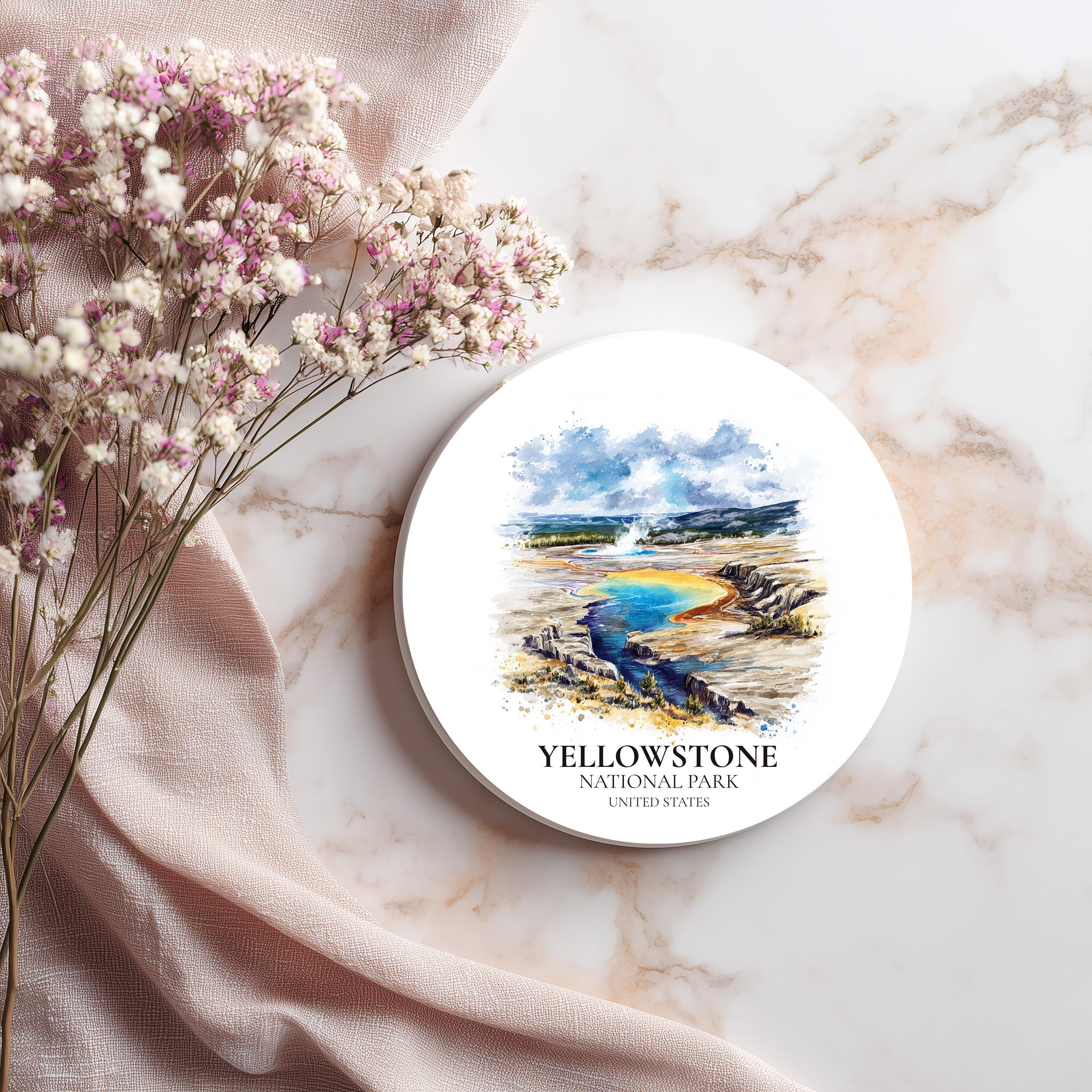 Yellowstone National Park United States Coaster, Watercolor Personalized Painting, Travel Gift Souvenir, Home Decor, Ceramic Set
