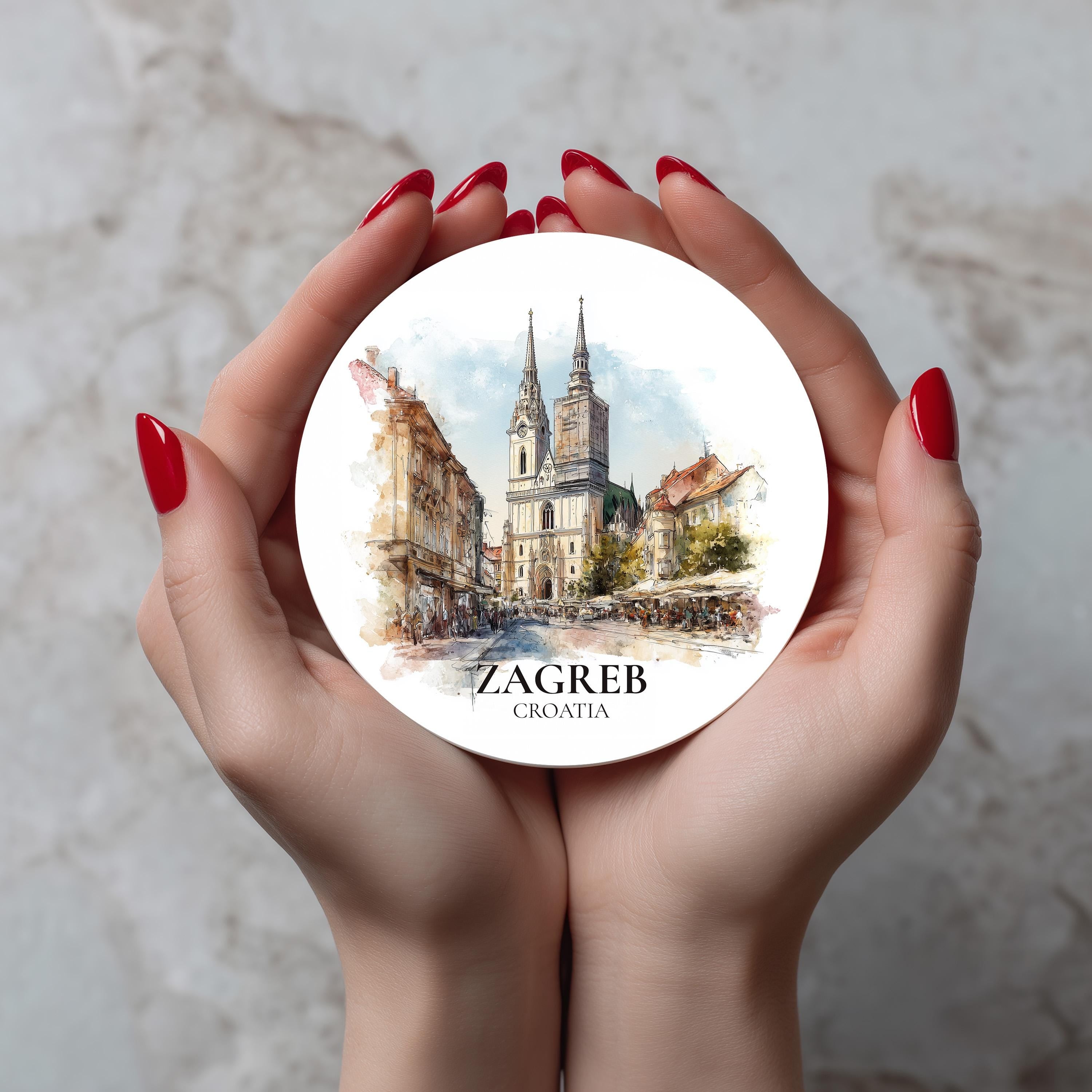 Zagreb Croatia Coaster, Watercolor Personalized Painting, Travel Gift Souvenir, Home Decor, Ceramic Set