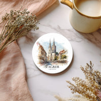 Zagreb Croatia Coaster, Watercolor Personalized Painting, Travel Gift Souvenir, Home Decor, Ceramic Set