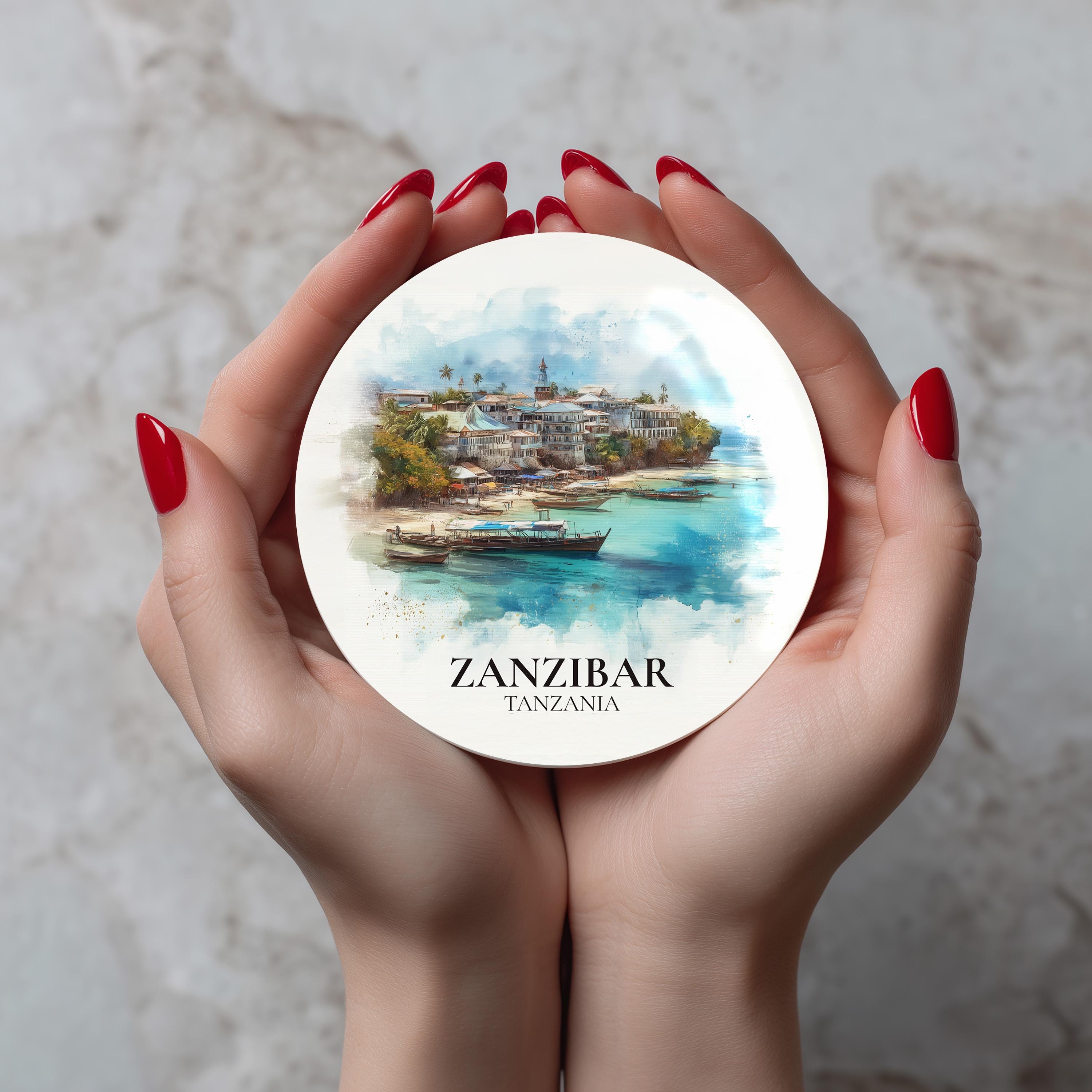 Zanzibar Tanzania Coaster, Watercolor Personalized Painting, Travel Gift Souvenir, Home Decor, Ceramic Set