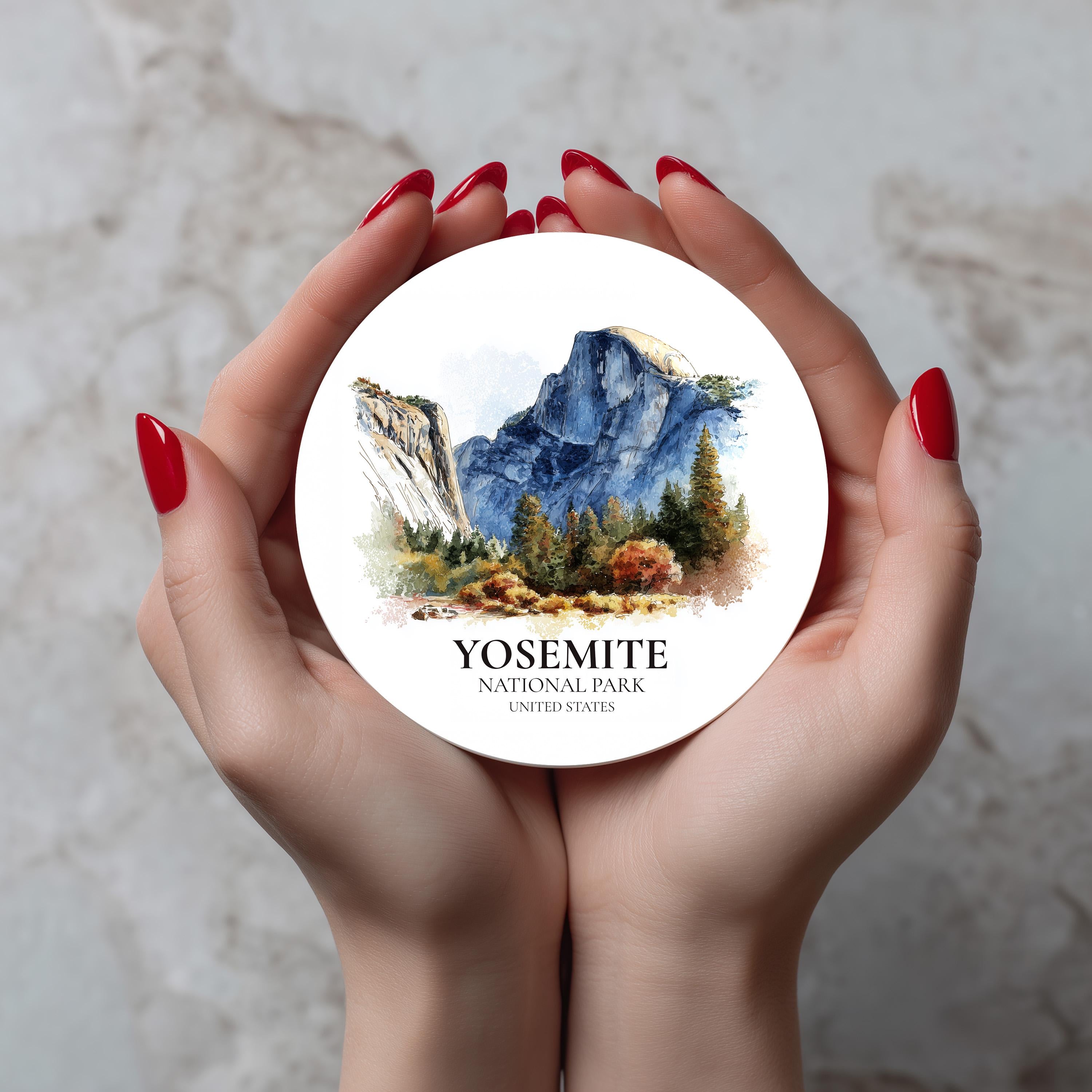 Yosemite National Park United States Coaster, Watercolor Personalized Painting, Travel Gift Souvenir, Home Decor, Ceramic Set