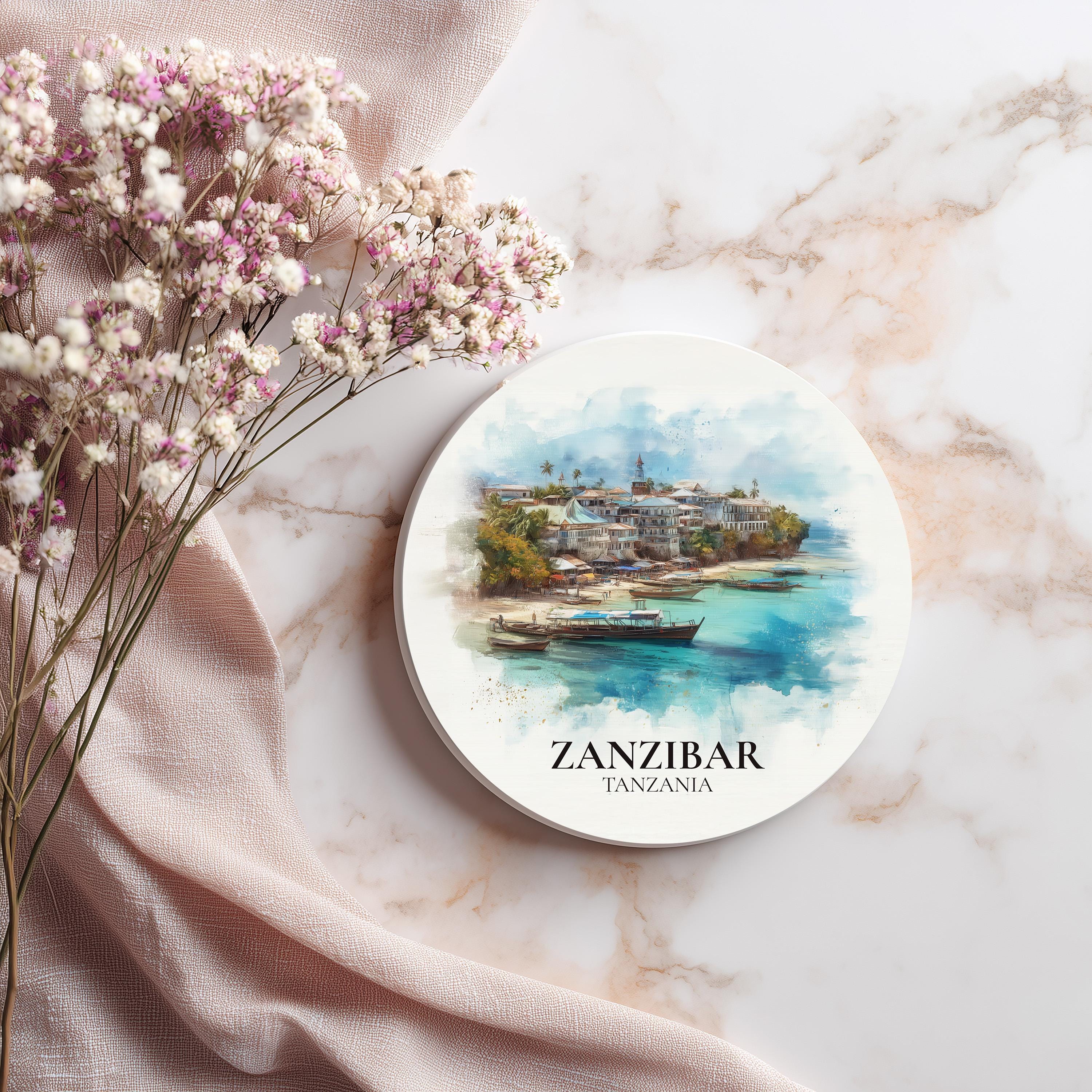 Zanzibar Tanzania Coaster, Watercolor Personalized Painting, Travel Gift Souvenir, Home Decor, Ceramic Set