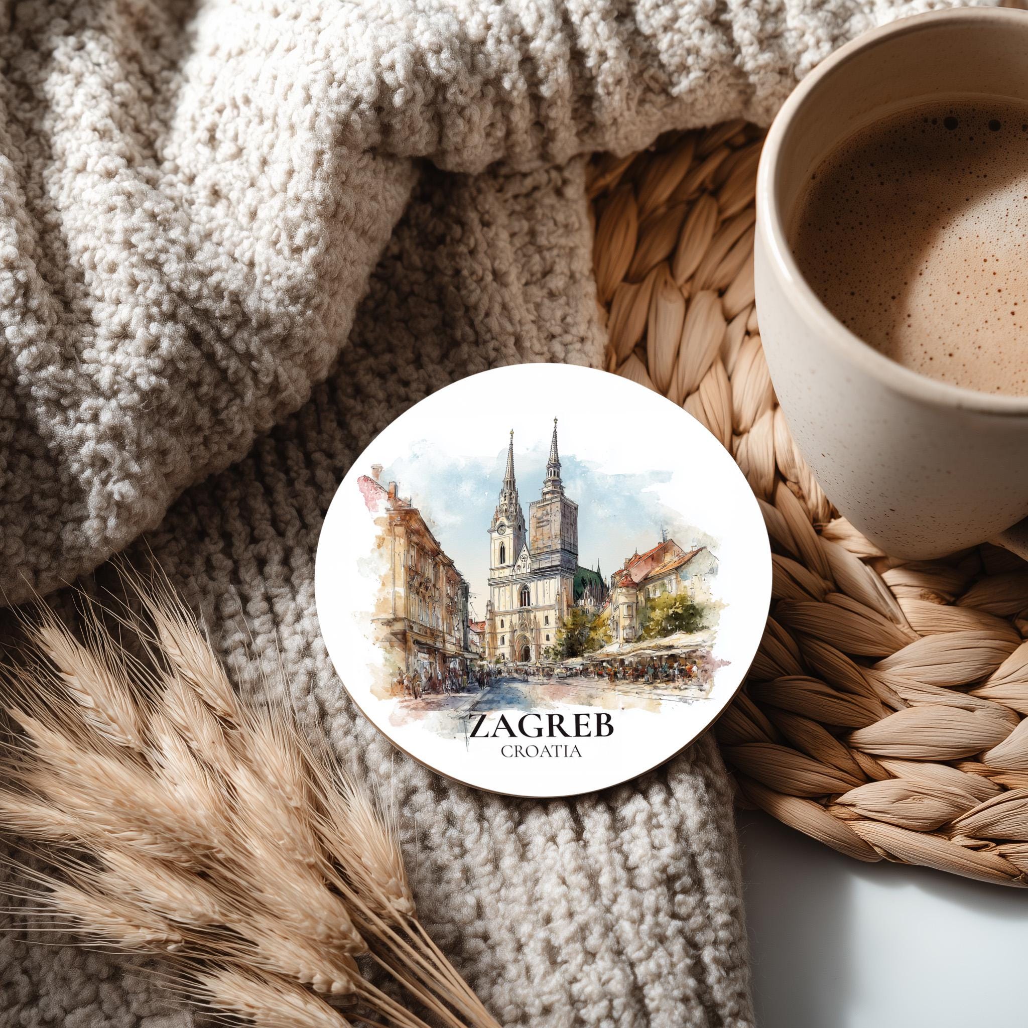 Zagreb Croatia Coaster, Watercolor Personalized Painting, Travel Gift Souvenir, Home Decor, Ceramic Set