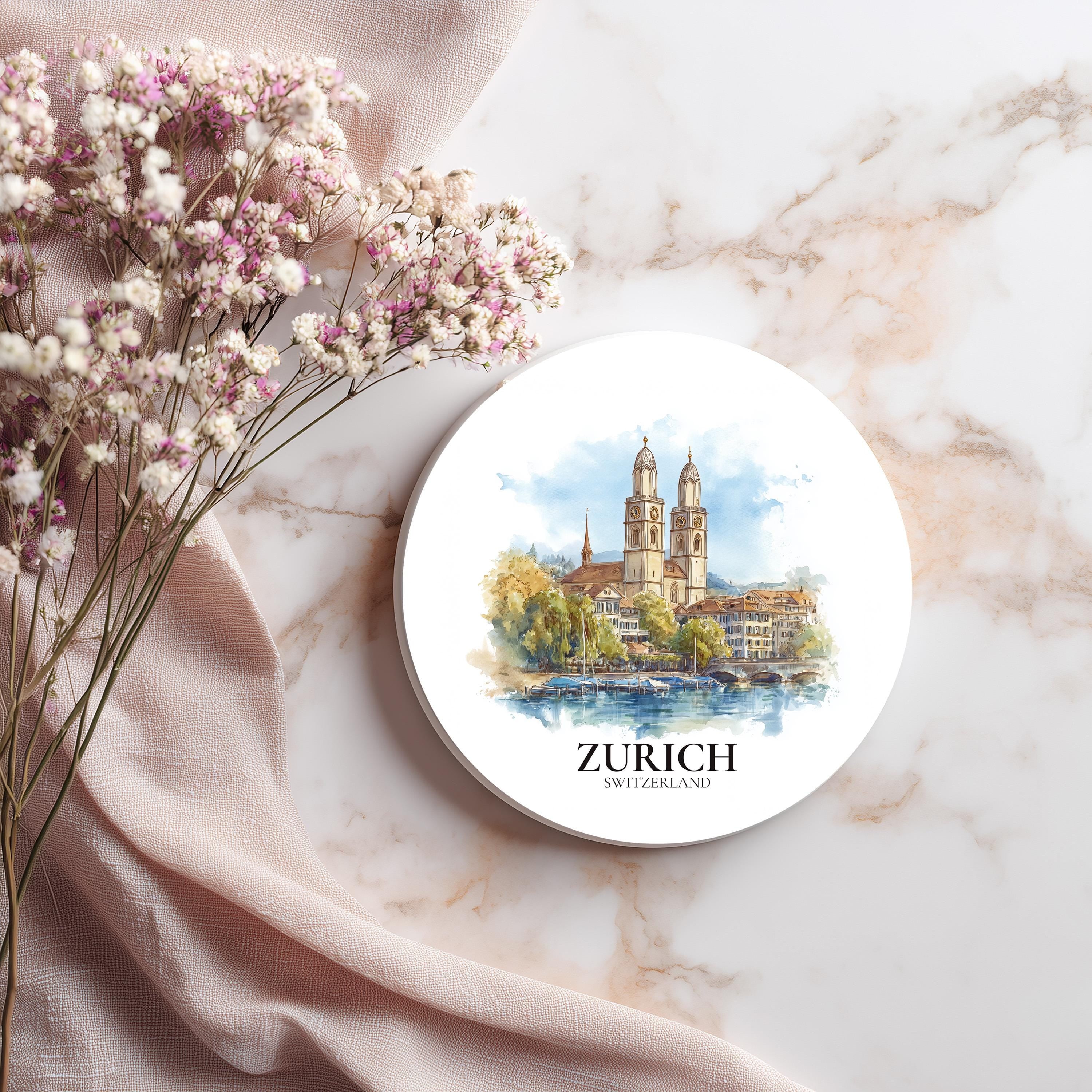 Zurich Switzerland Coaster, Watercolor Personalized Painting, Travel Gift Souvenir, Home Decor, Ceramic Set