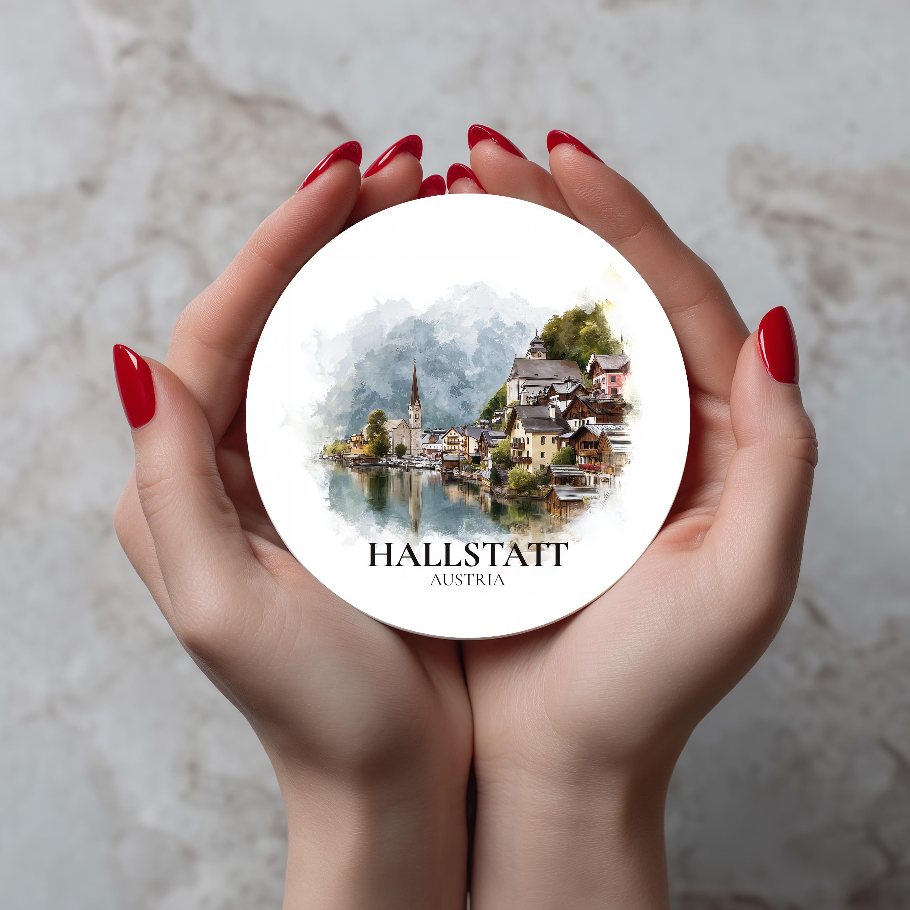 Hallstatt Austria Coaster, Watercolor Personalized Painting, Travel Gift Souvenir, Home Decor, Ceramic Set