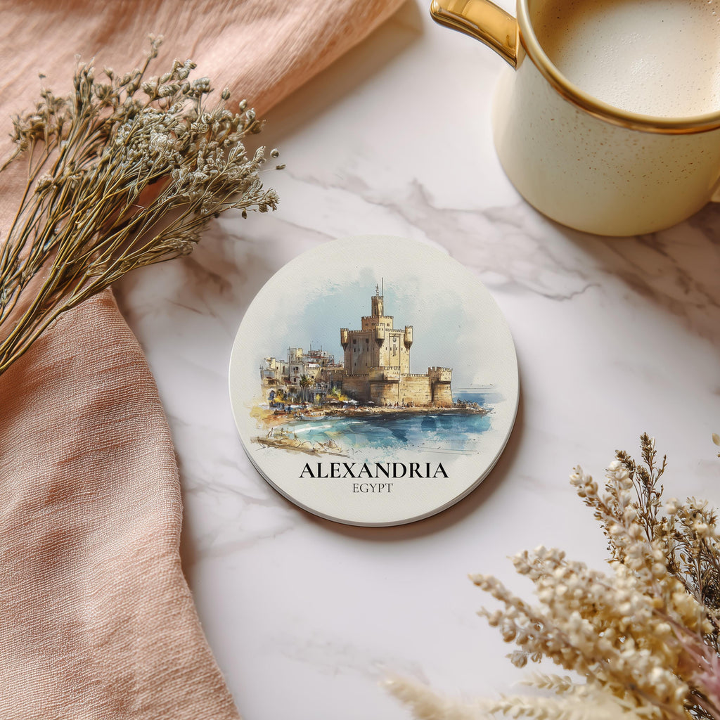 Alexandria Egypt Coaster, Watercolor Personalized Painting, Travel Gift Souvenir, Home Decor, Ceramic Set