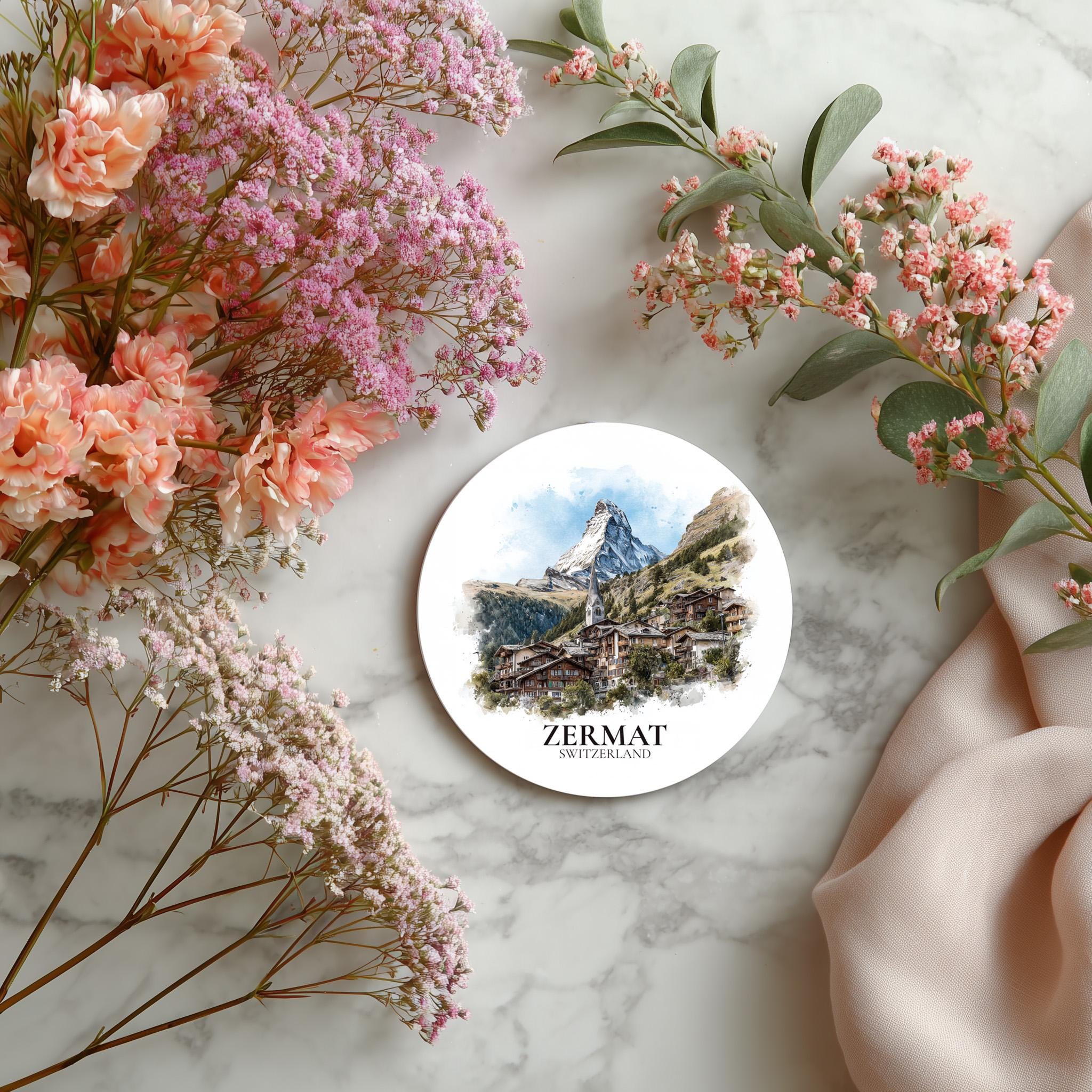 Zermatt Switzerland Coaster, Watercolor Personalized Painting, Travel Gift Souvenir, Home Decor, Ceramic Set