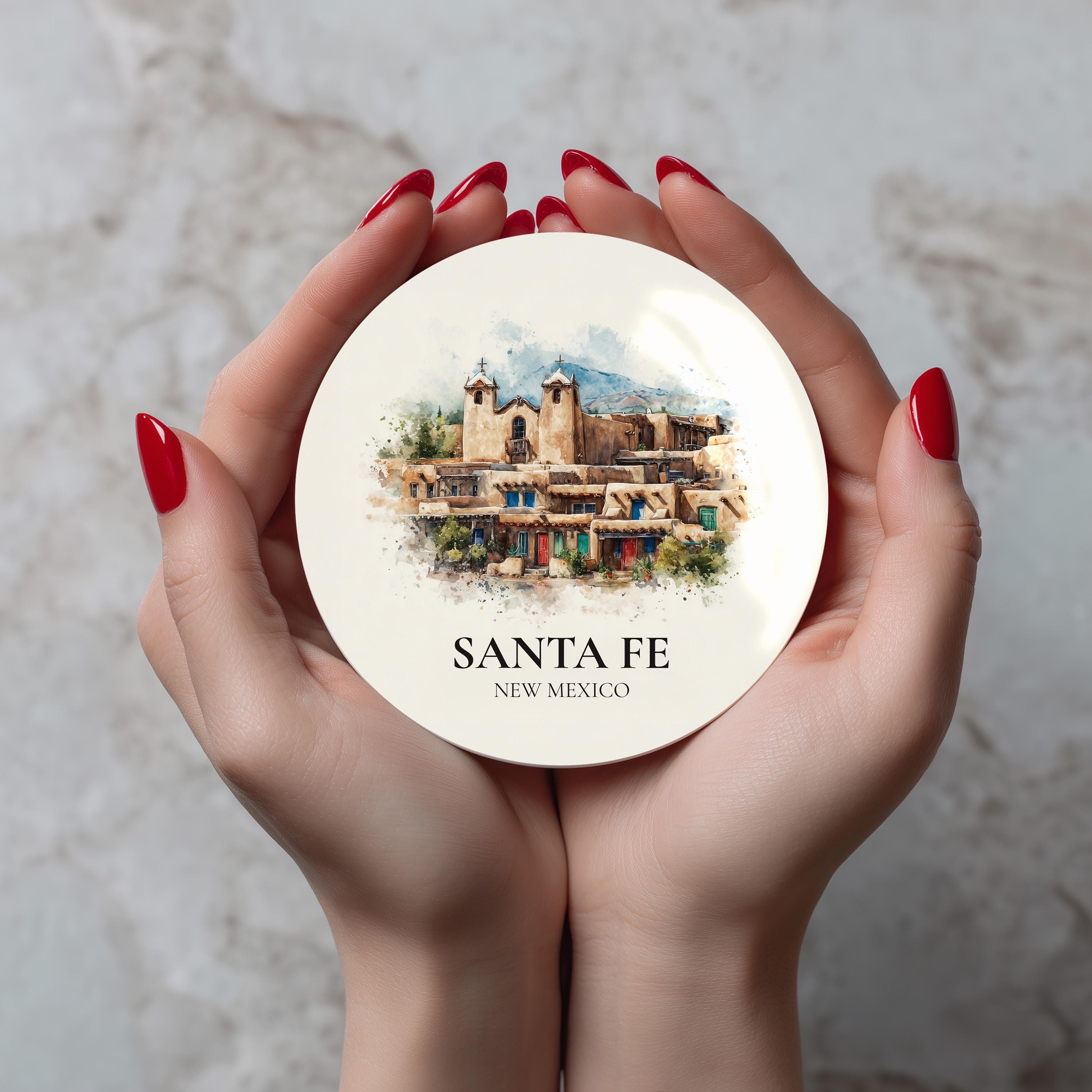 Santa Fe New Mexico Coaster, Watercolor Personalized Painting, Travel Gift Souvenir, Home Decor, Ceramic Set