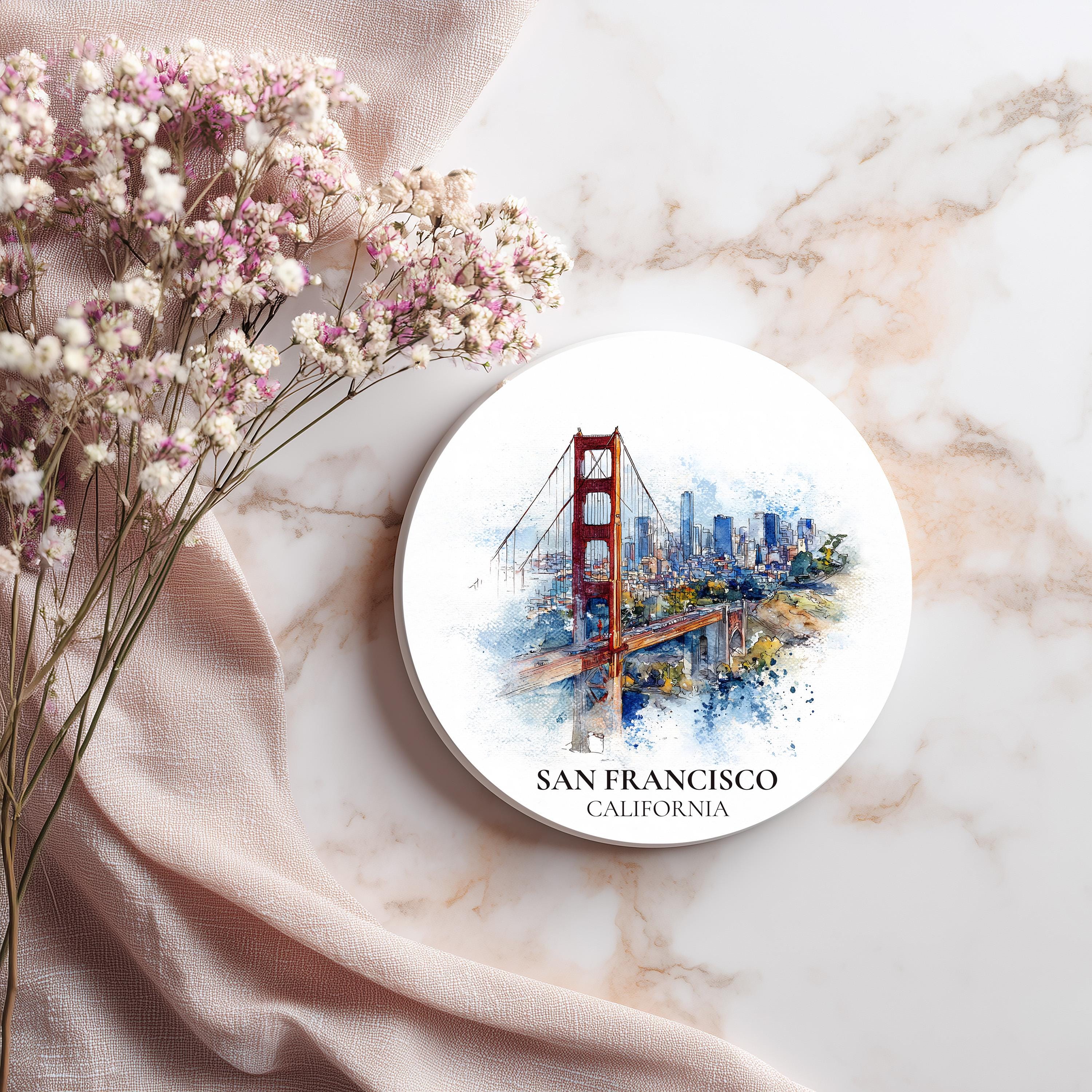 San Francisco California Coaster, Watercolor Personalized Painting, Travel Gift Souvenir, Home Decor, Ceramic Set