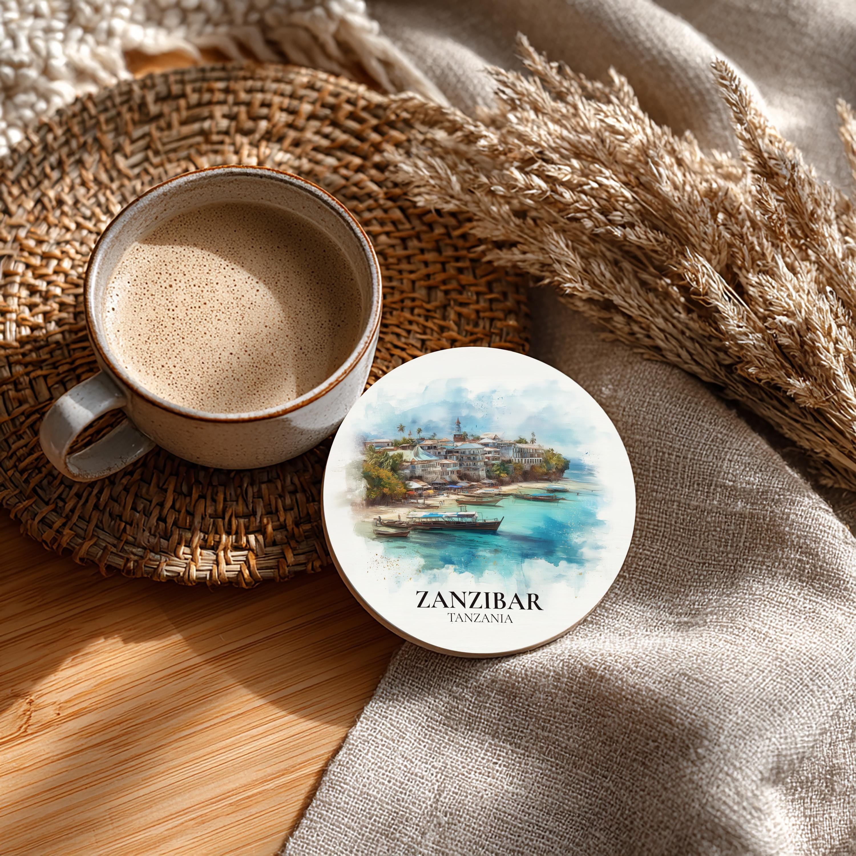 Zanzibar Tanzania Coaster, Watercolor Personalized Painting, Travel Gift Souvenir, Home Decor, Ceramic Set