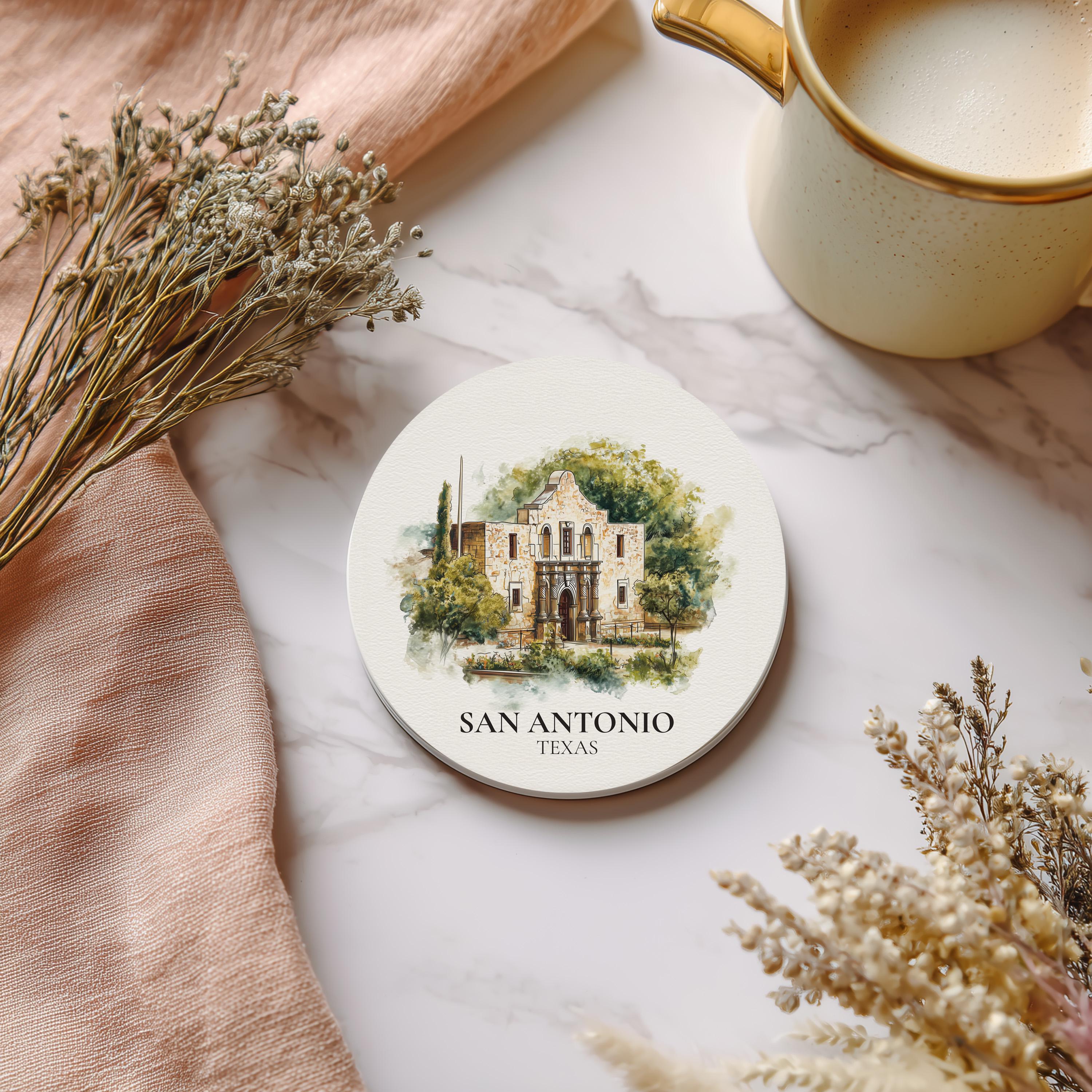 San Antonio Texas Coaster, Watercolor Personalized Painting, Travel Gift Souvenir, Home Decor, Ceramic Set