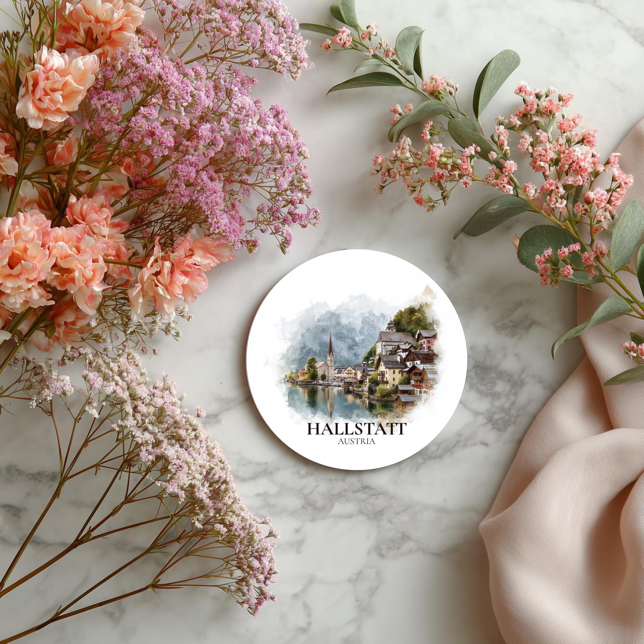 Hallstatt Austria Coaster, Watercolor Personalized Painting, Travel Gift Souvenir, Home Decor, Ceramic Set