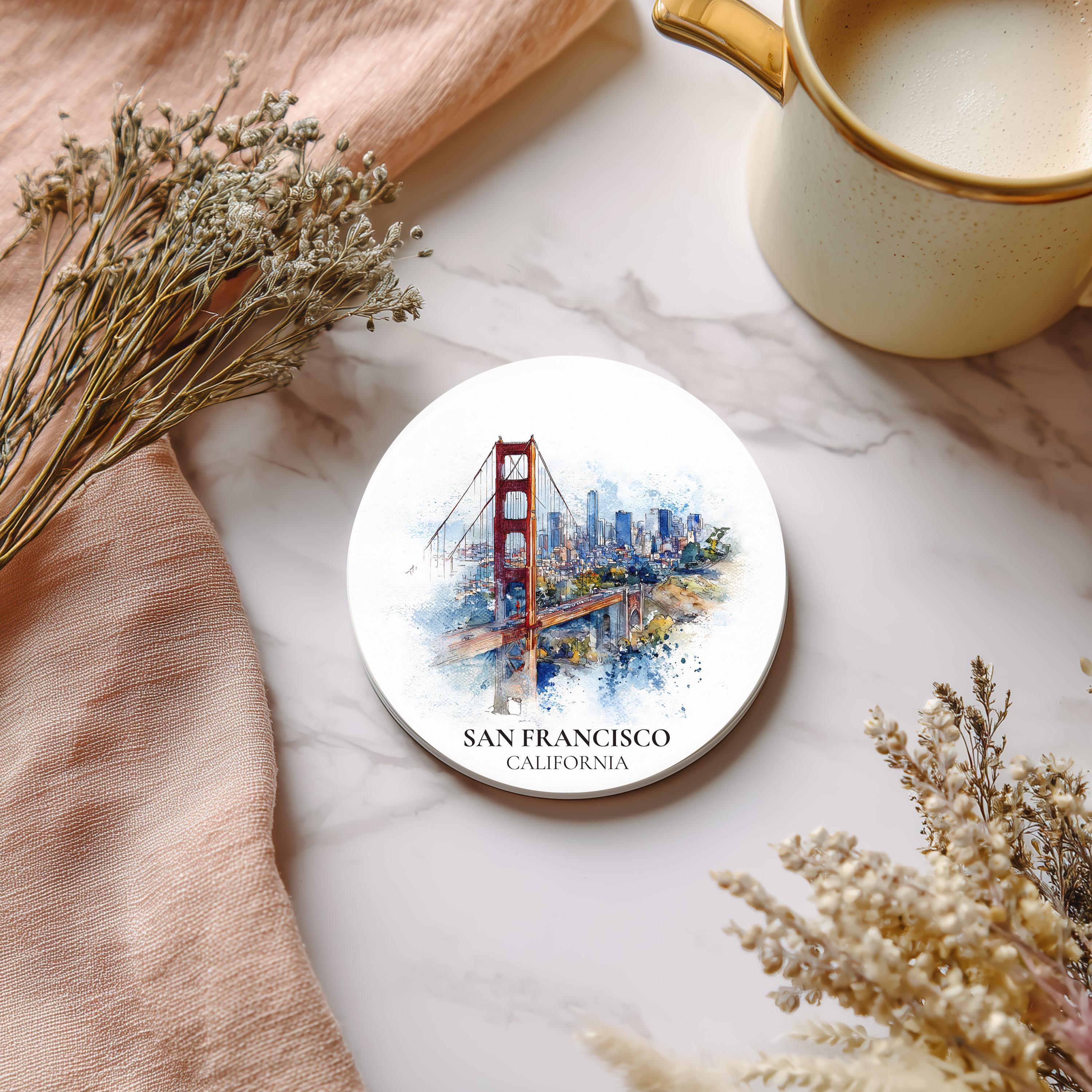 San Francisco California Coaster, Watercolor Personalized Painting, Travel Gift Souvenir, Home Decor, Ceramic Set